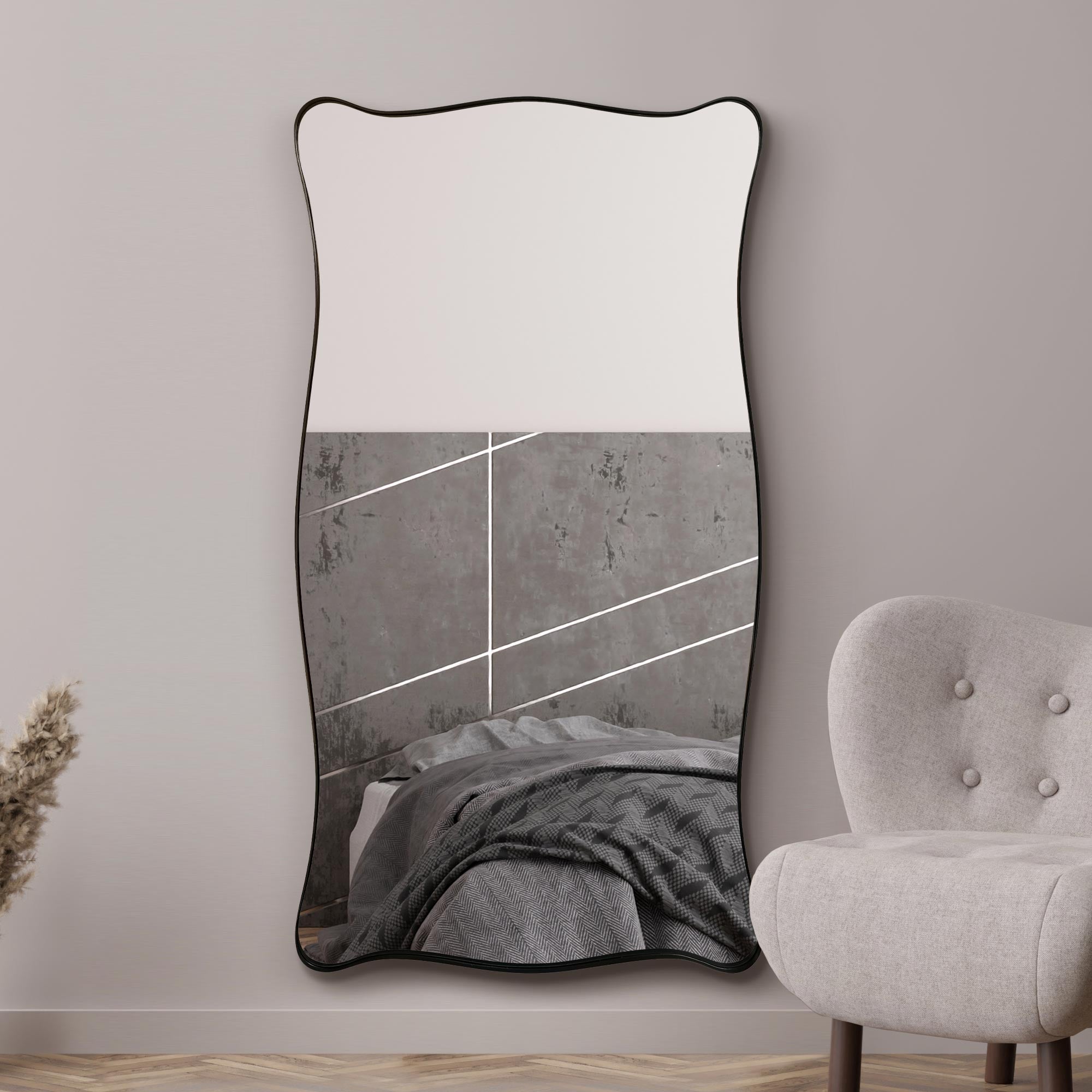 The Fluctus - New Black Metal Rectangular Wavy Tray Effect Frame Wall Mirror 71" X 39" (180CM X 100CM). (15010561884538)