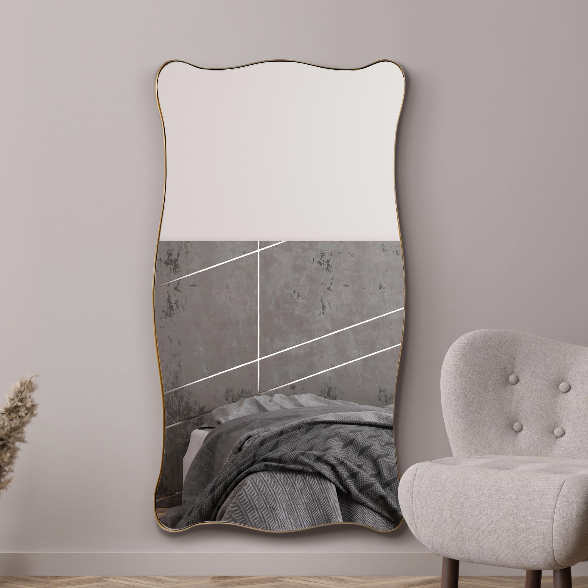 The Fluctus - New Gold Metal Rectangular Wavy Tray Effect Frame Wall Mirror 71" X 39" (180CM X 100CM). (15010561950074)