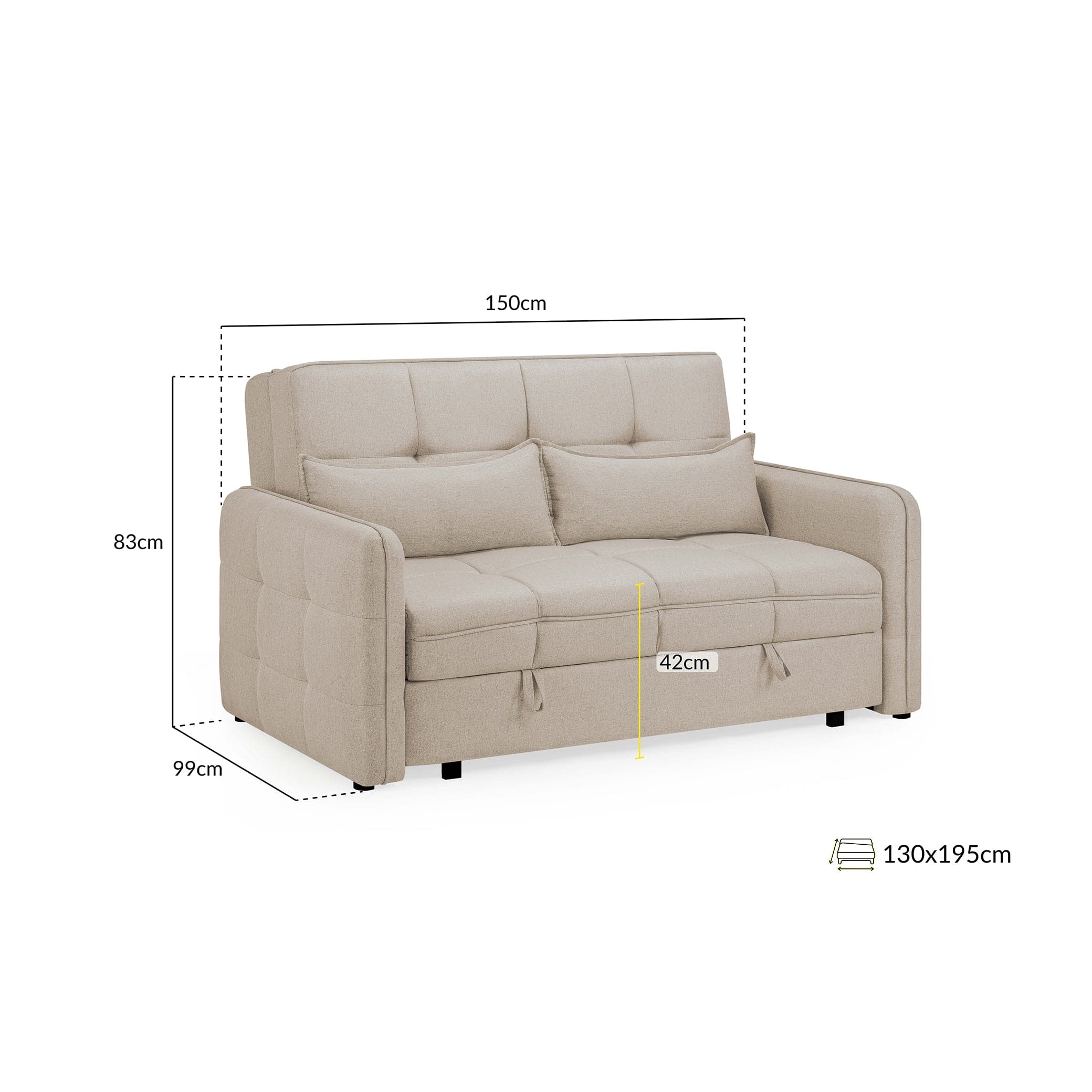 Marlow Sofabed Beige Two Seater - measurement view (7024245801024)