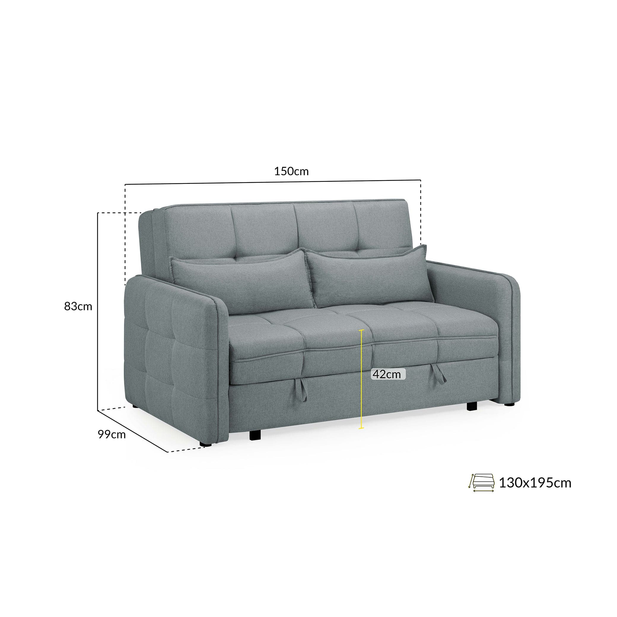 Marlow Sofabed Grey Two Seater - measurement view (7024245669952)
