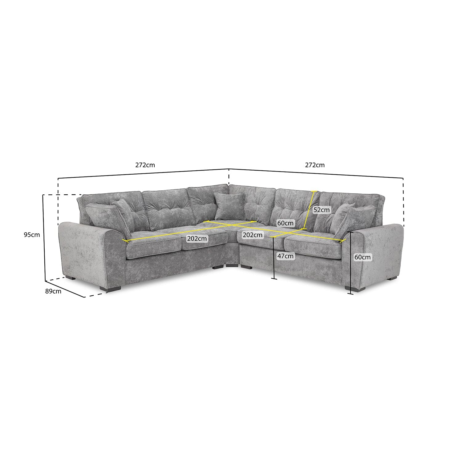 Maxwell Grey Large Corner Sofa - measurement view (7024250093632)