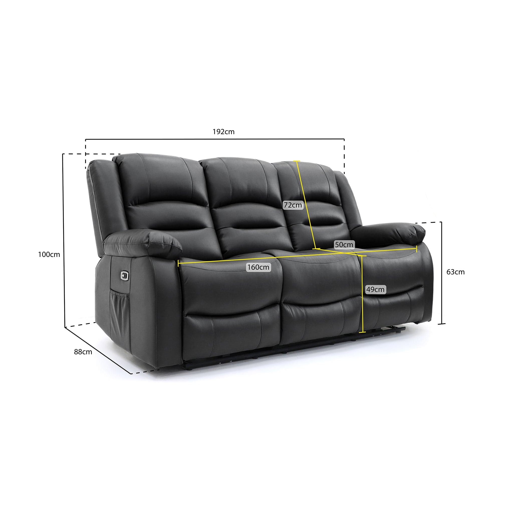 Maya Electric Recliner Sofa Black Three Seater - measurement view (7021286096960)