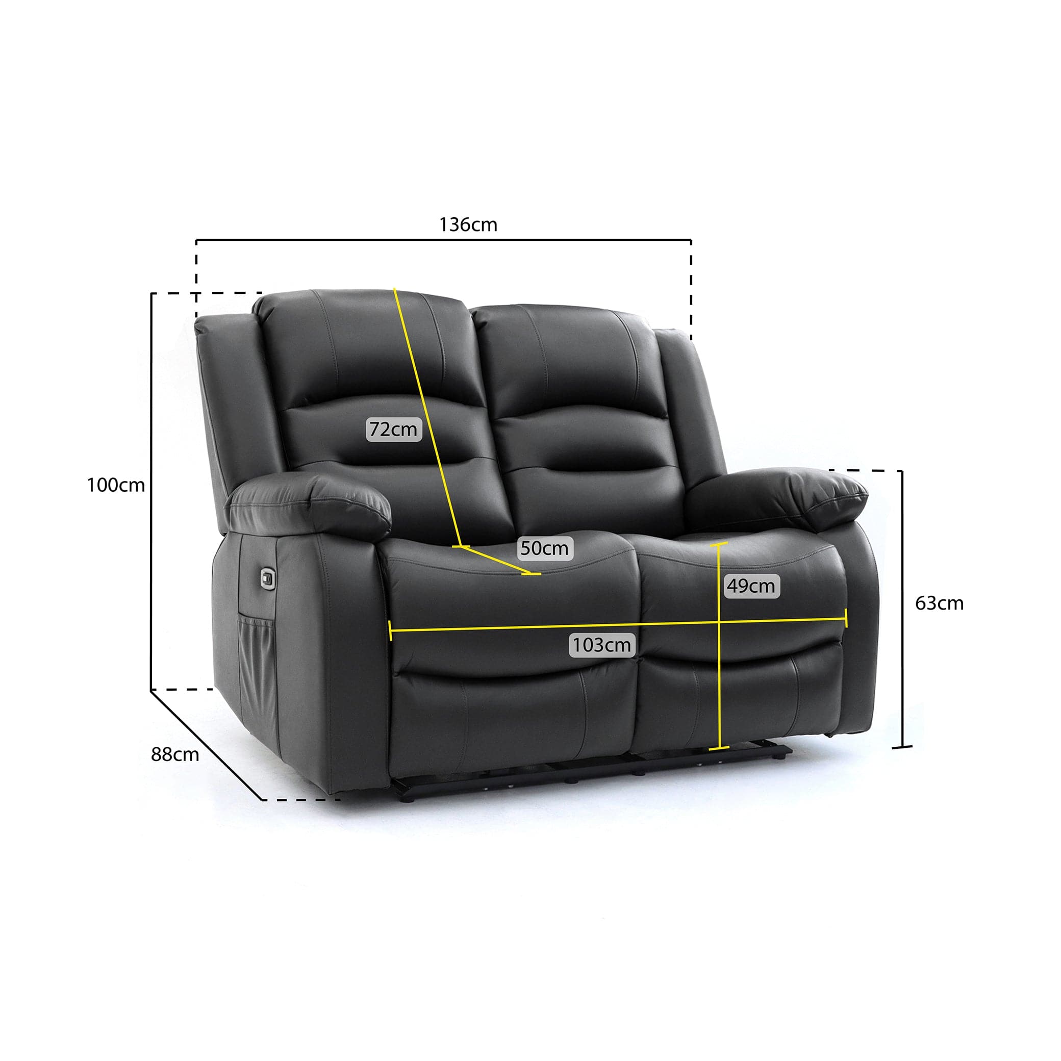 Maya Electric Recliner Sofa Black Two Seater - measurement view (7021285408832)
