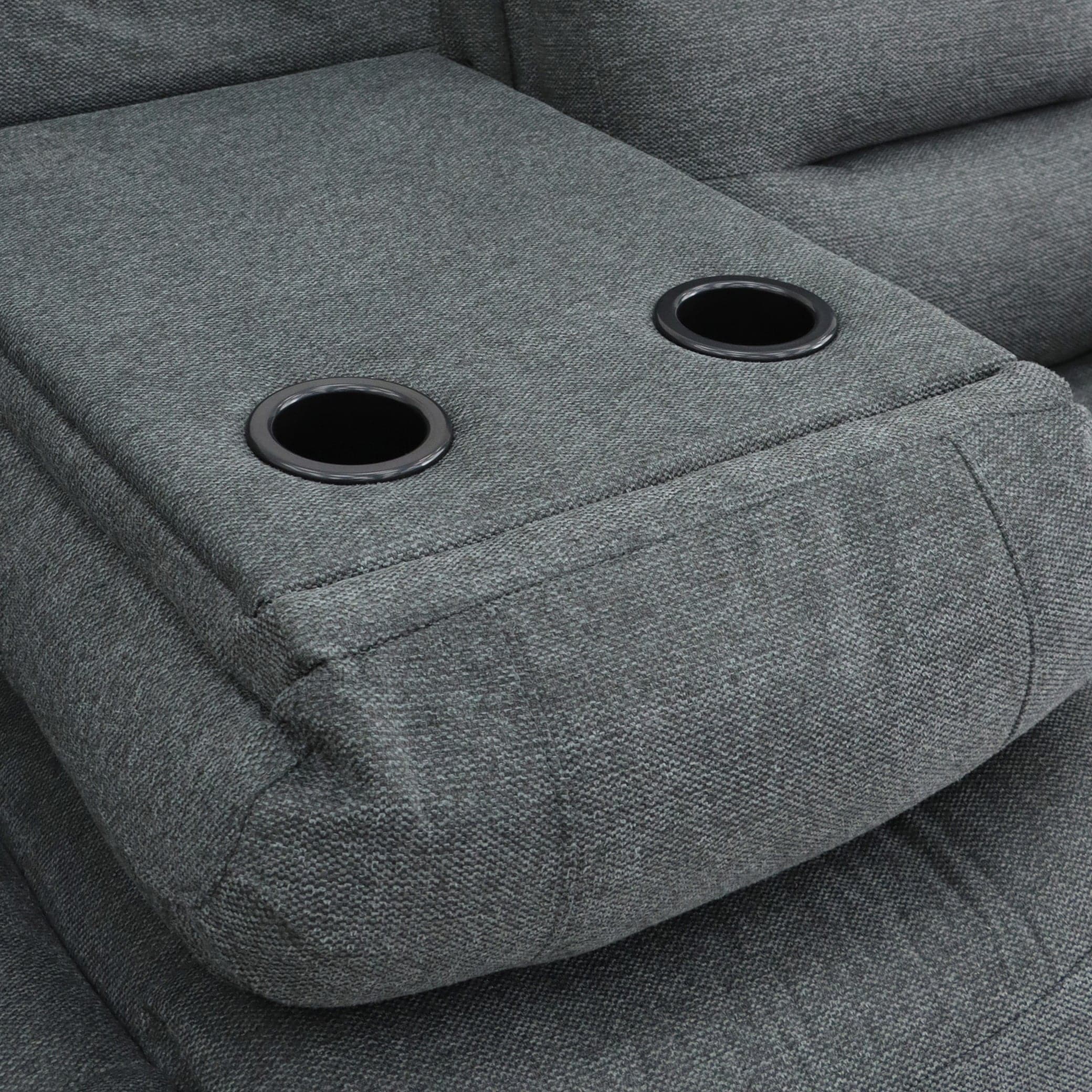 Maya Electric Recliner Sofa Grey Fabric Three Seater - cupholder view (7021289766976)