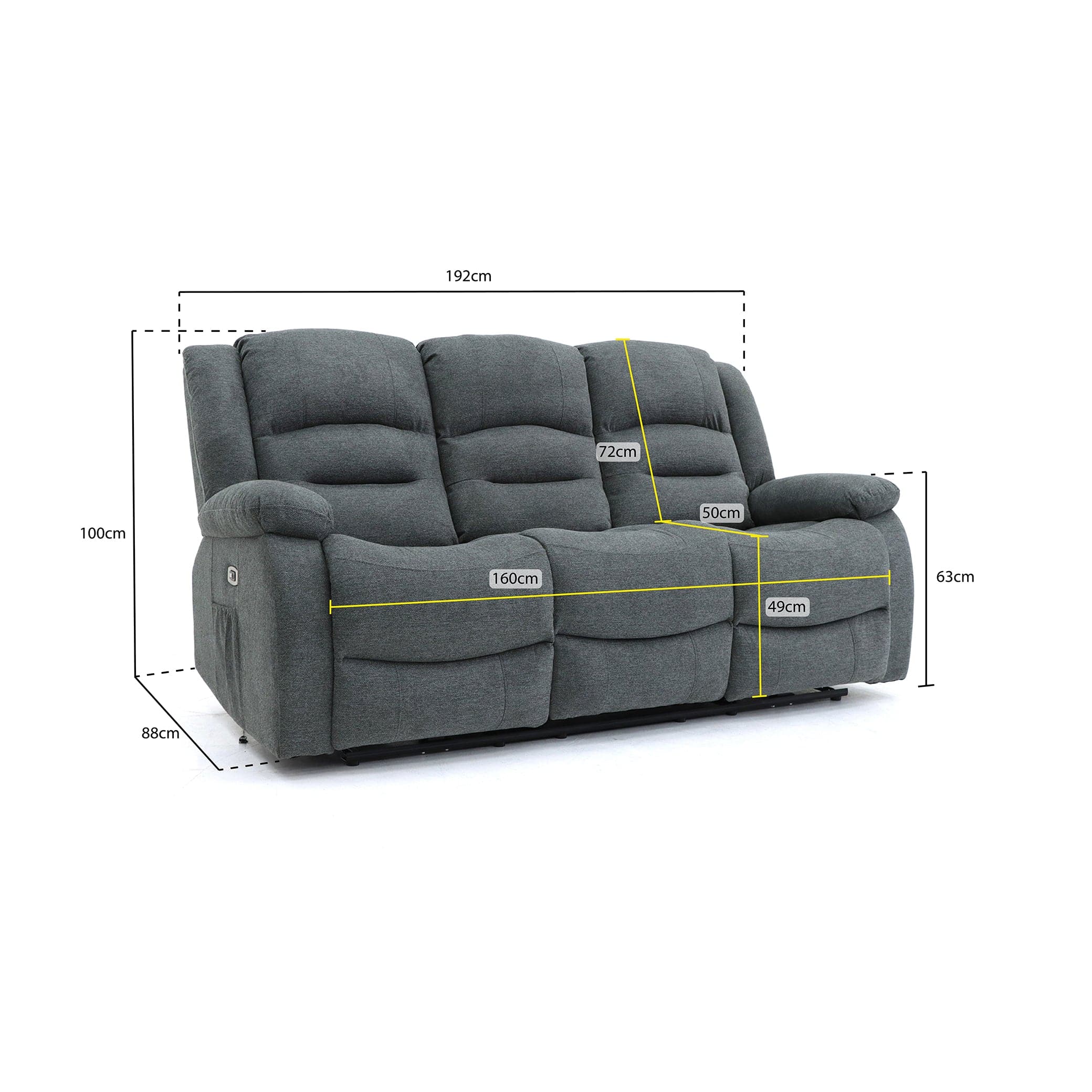 Maya Electric Recliner Sofa Grey Fabric Three Seater - measurement view (7021289766976)