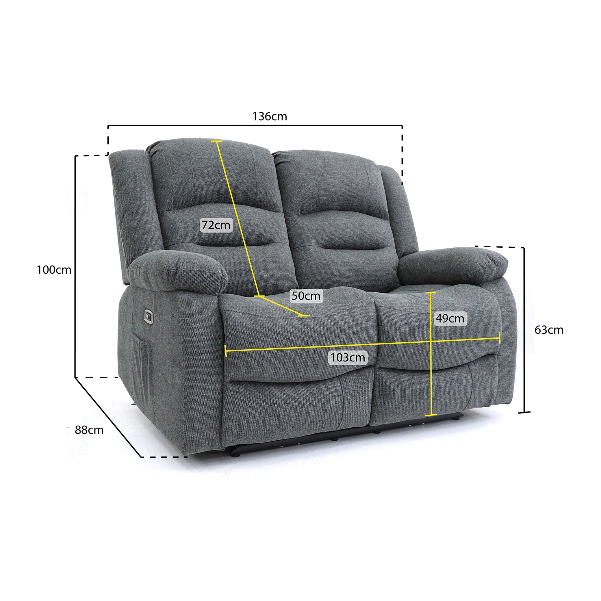 Maya Electric Recliner Sofa Grey Fabric Two Seater - measurement view (7021289668672)