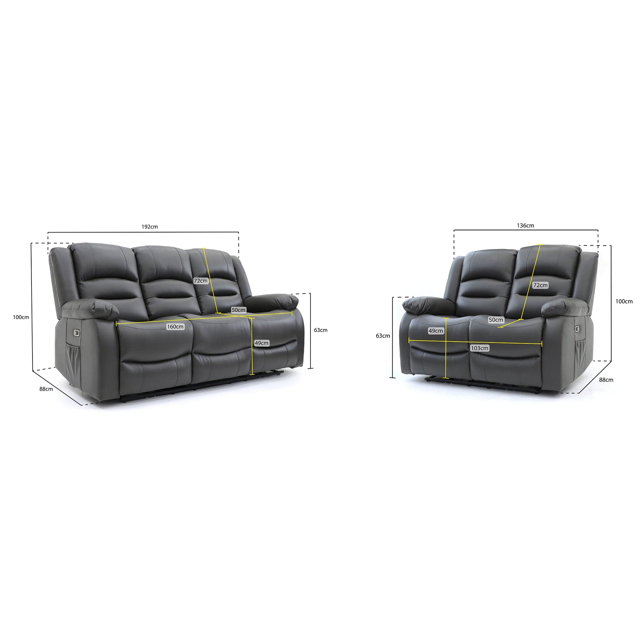 Maya Electric Recliner Sofa Grey Three Plus Two Set - measurement view (7021289439296)