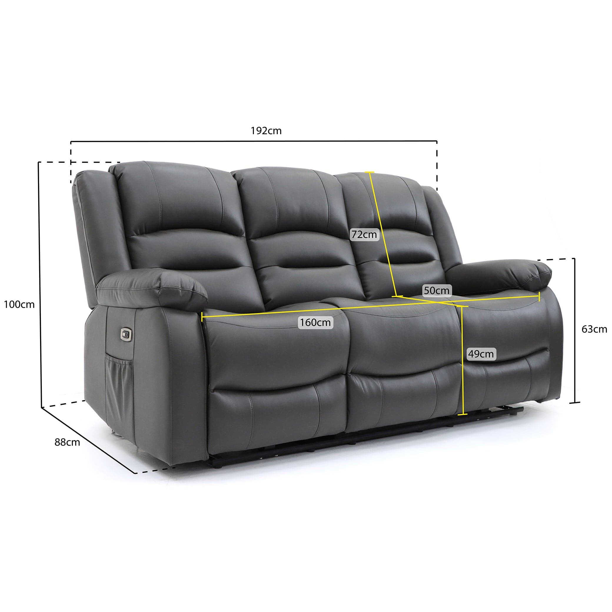 Maya Electric Recliner Sofa Grey Three Seater - measurement view (7021289275456)