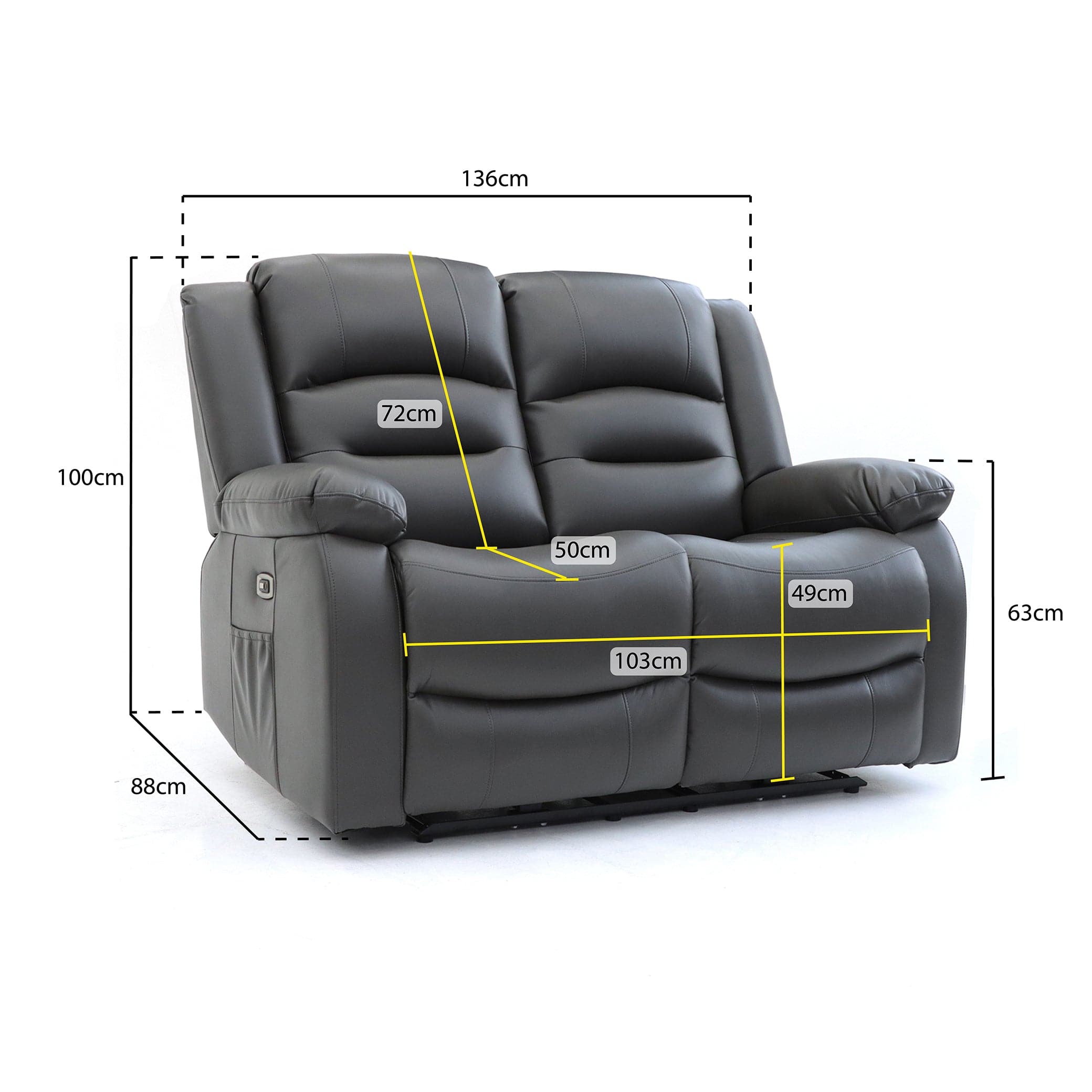Maya Electric Recliner Sofa Grey Two Seater - measurement view (7021289078848)