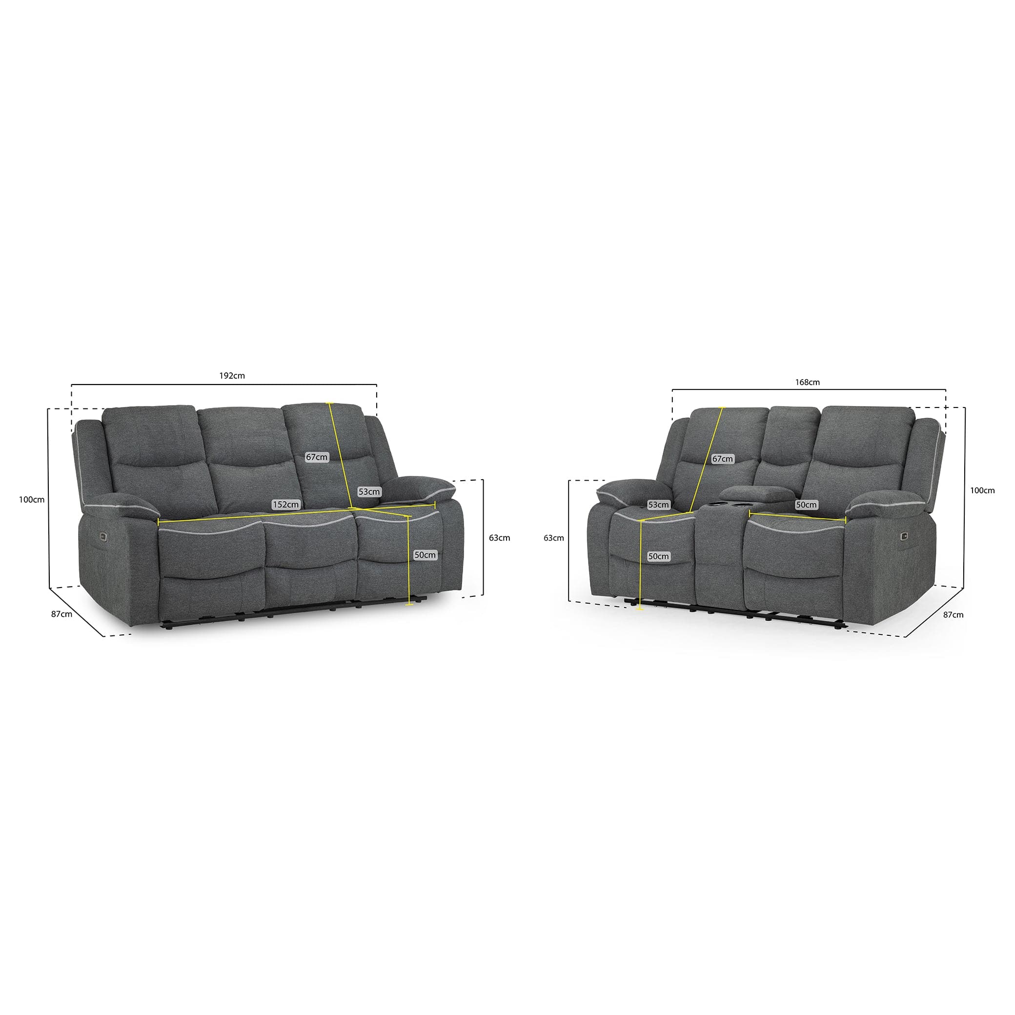 Measurement details view- Dexter Electric Recliner Sofa Grey Fabric 3 Seater (7023529132096)