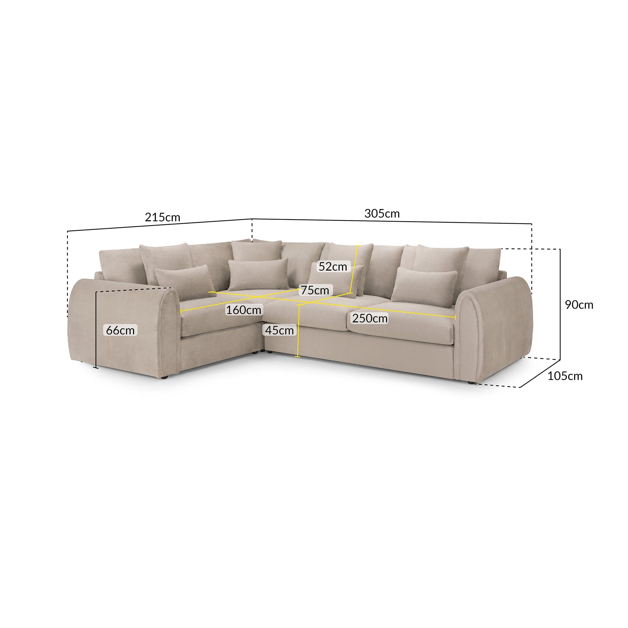 Measurement view Hugo Sofa Mocha Left Hand Facing Corner (7024878288960)