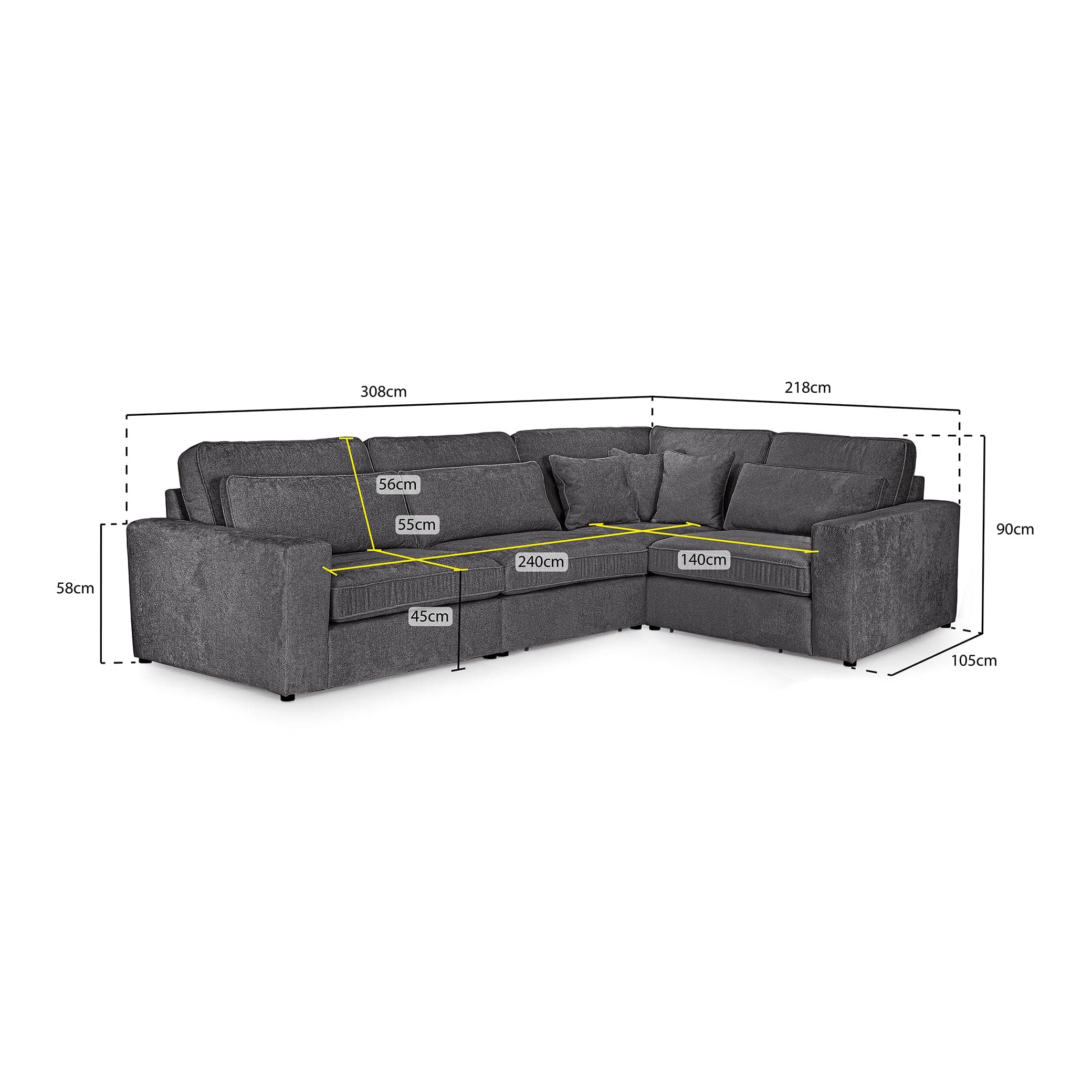 Modena Modular Grey Sofa – Right Hand Facing Corner- measurement view (7024779362368)