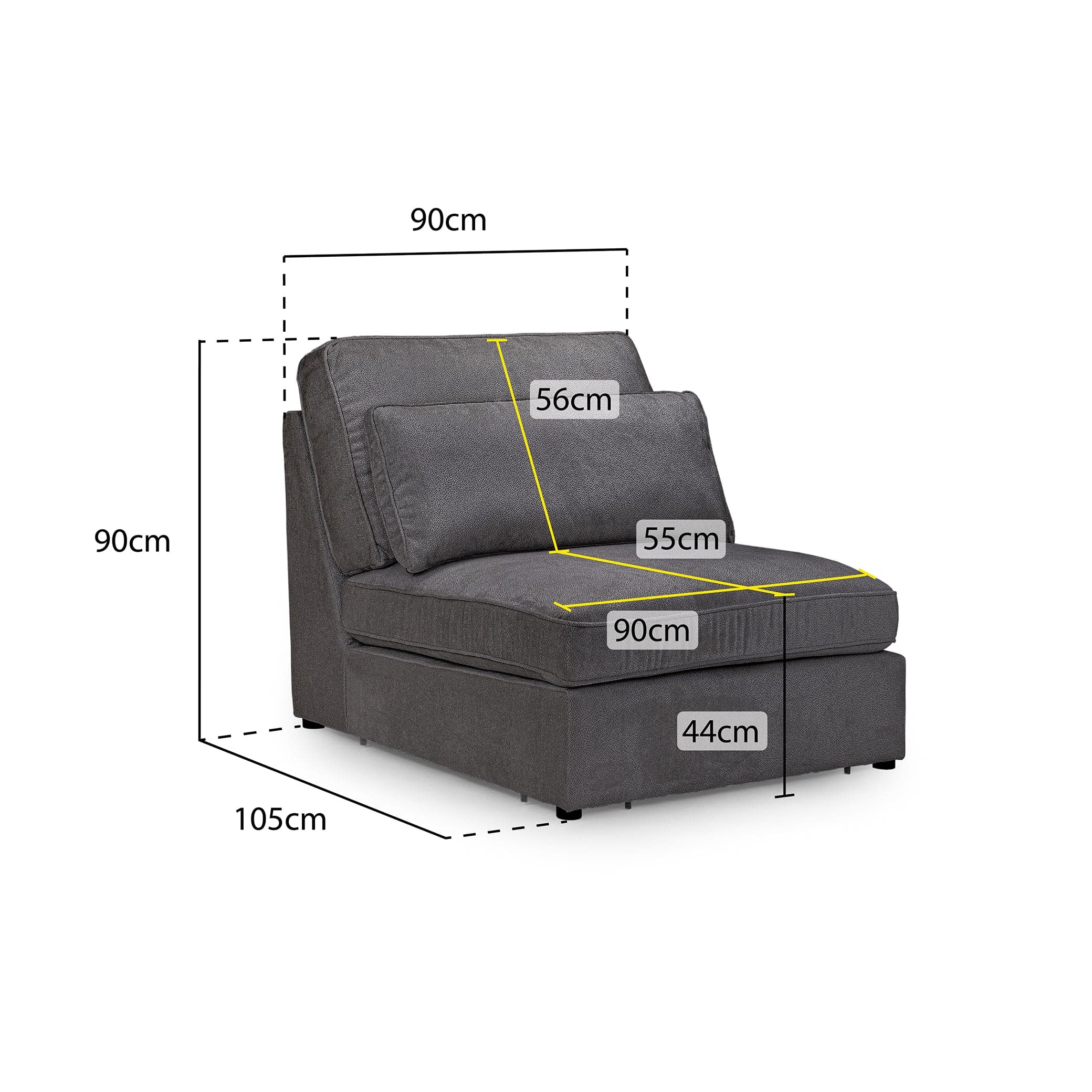Modena Modular Sofa, Grey Armless Piece - front view with measurement (7024761045056)