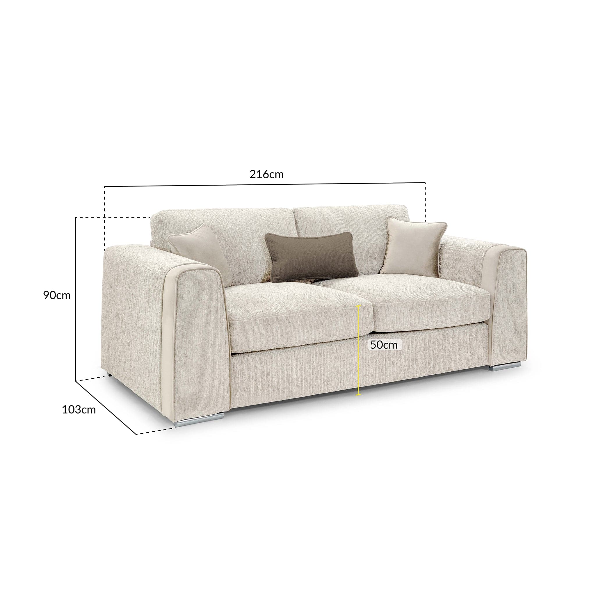 Turin Sofa Beige Three Seater - measurement view (7025189224512)