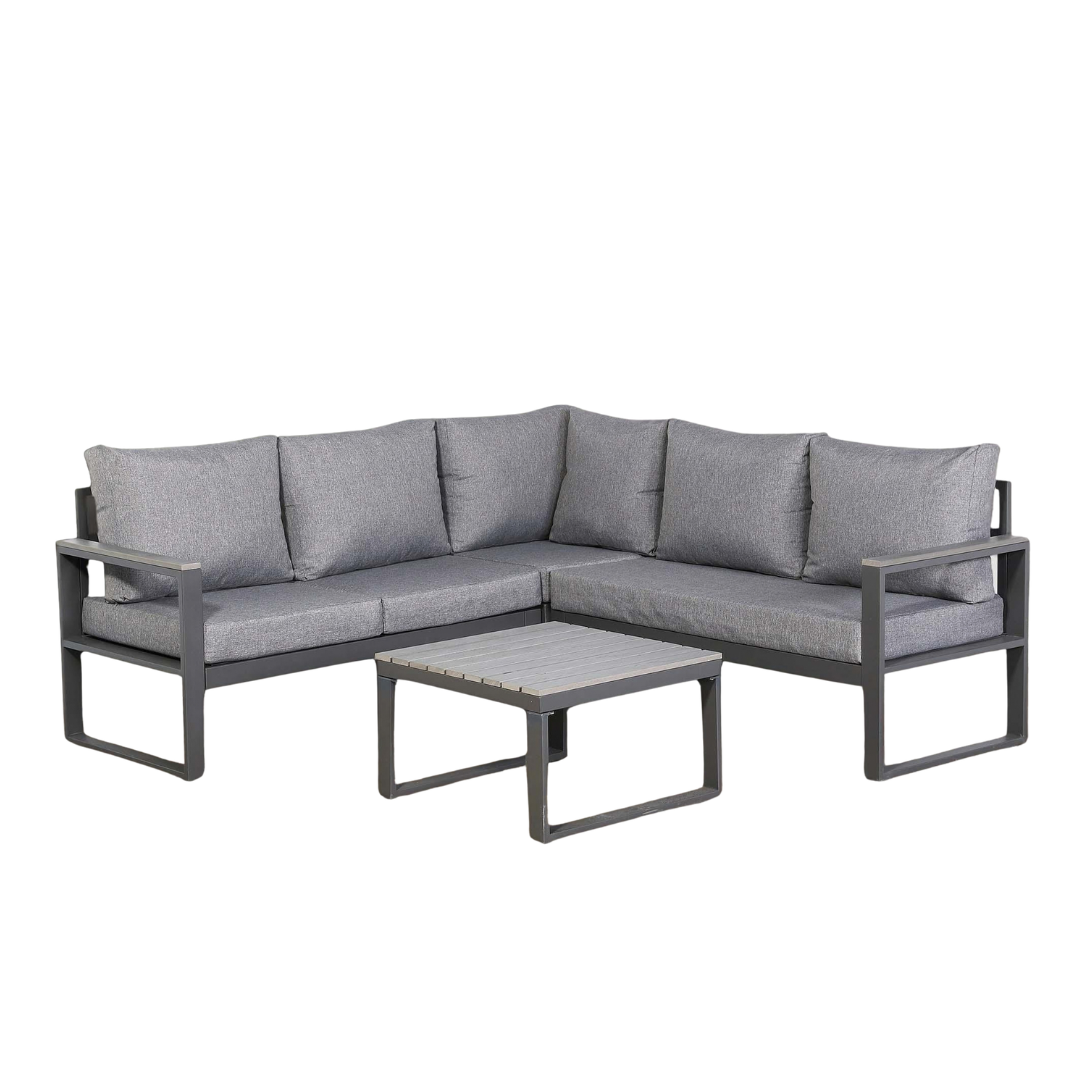 Luxe Square Corner Set Charcoal Aluminium Frame With Grey Cushions - AMC Furniture
