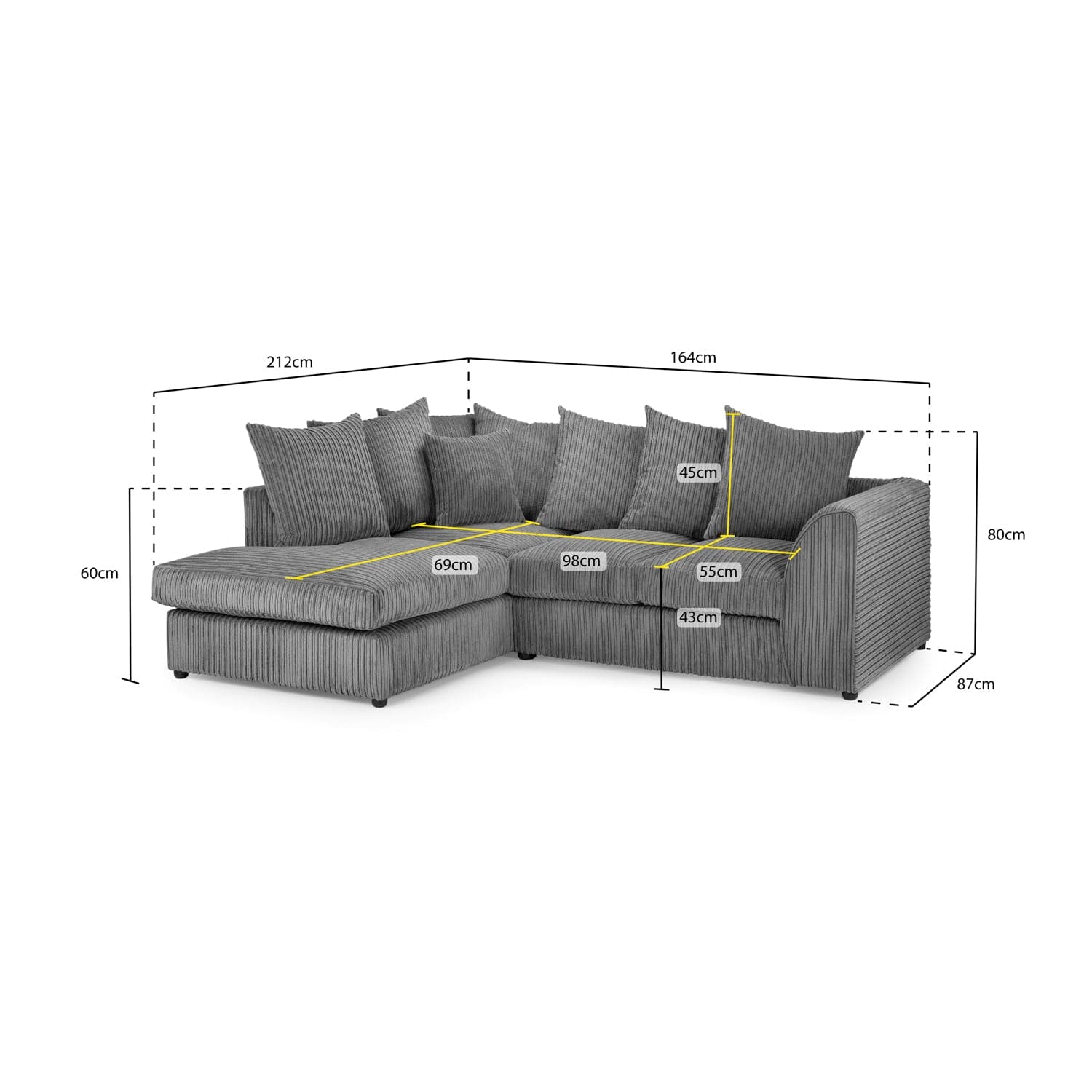 Oxford Left Hand Facing Corner Sofa in Grey Jumbo Cord - Measurement View (7023658106944)