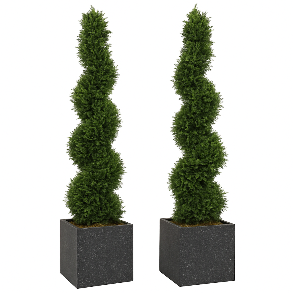 Pair of UV Resistant Artificial Spiral Topiary Trees – Weatherproof for Indoor & Outdoor Use - AMC Furniture