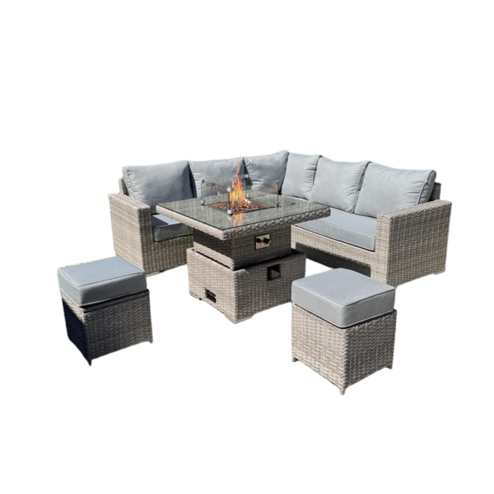 Santorini Square Dining Set with Rising Firepit Table - AMC Furniture