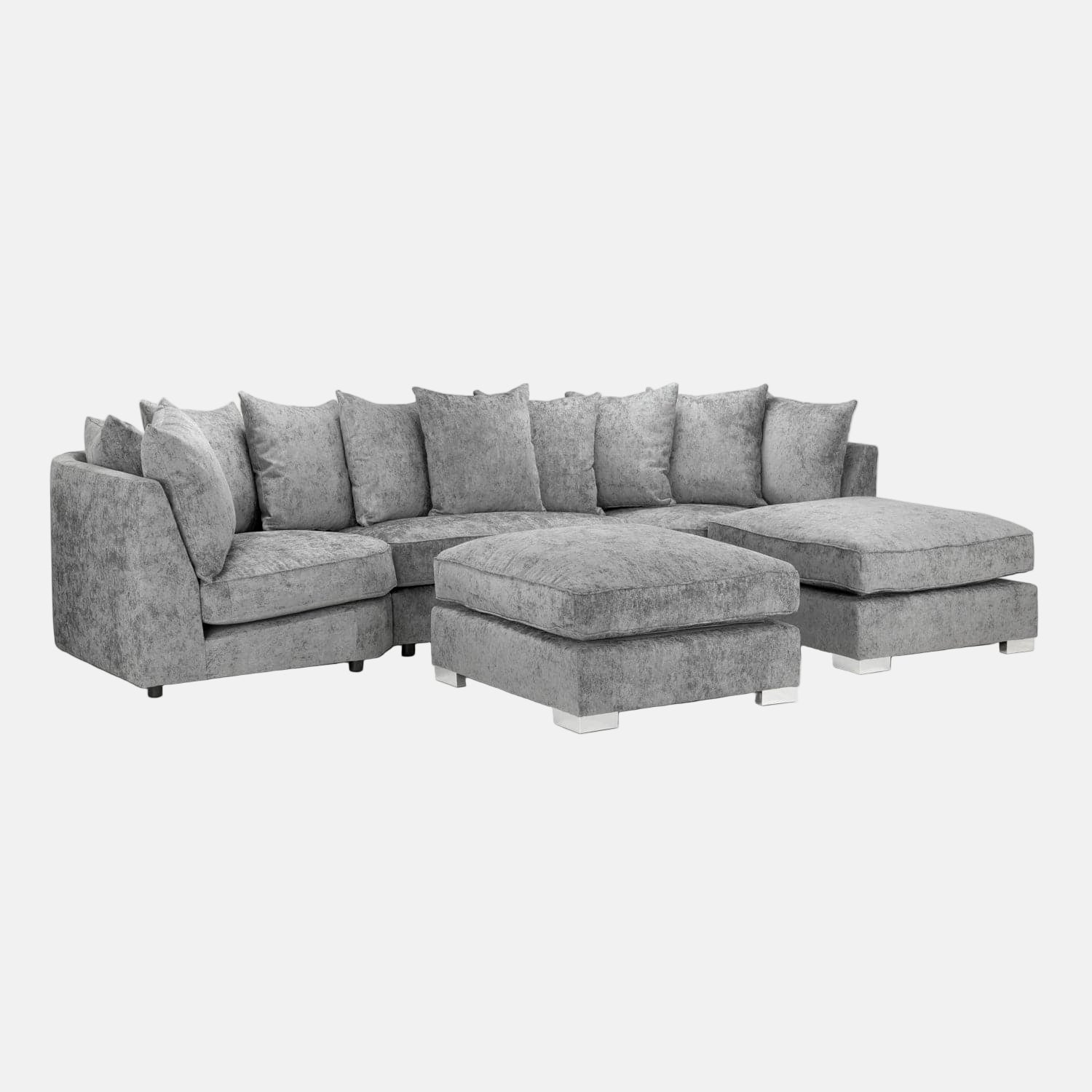 Shoreditch Scatterback U Shape Corner Sofa in Platinum - Front View with Footrest (7022876426304)