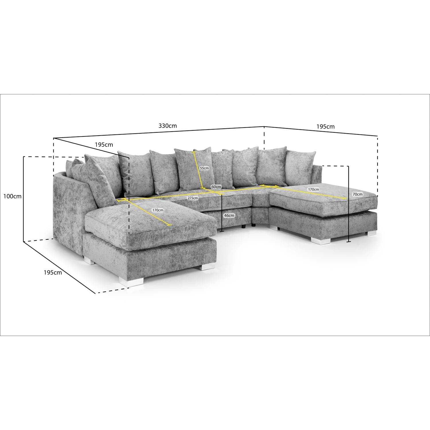 Shoreditch Scatterback U Shape Corner Sofa in Platinum - measurement view (7022876426304)