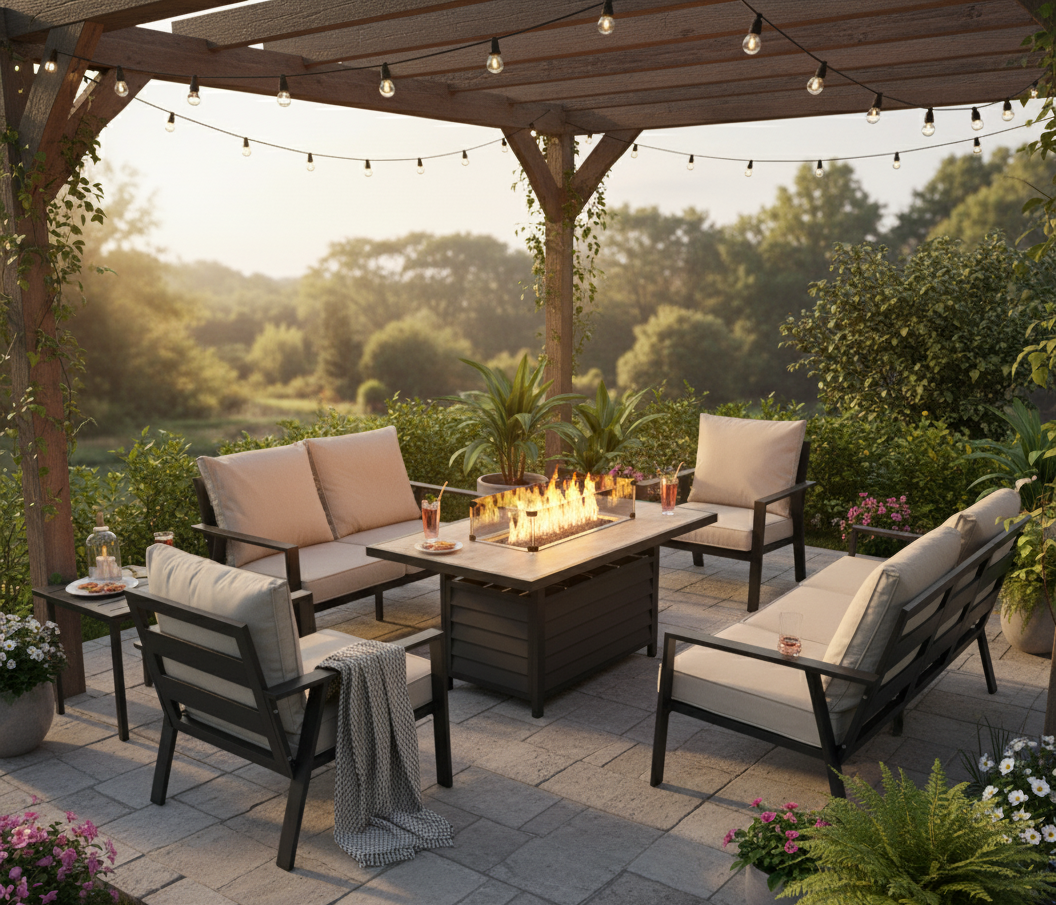 Sienna Aluminium Sofa Dining Set with Fire Pit – Beige