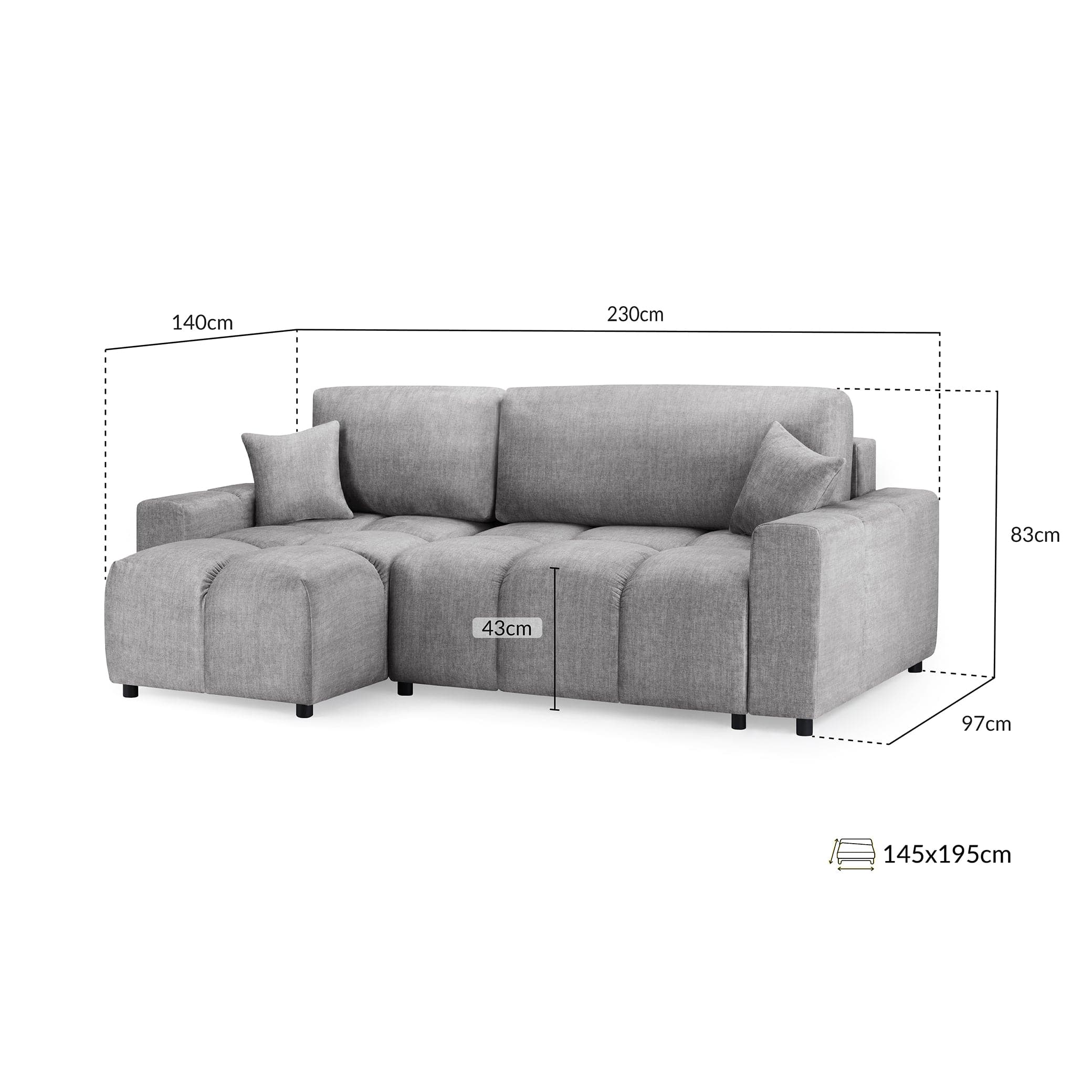 Sienna Sofabed Grey Universal Corner - Left - Measurement view (7024176889920)