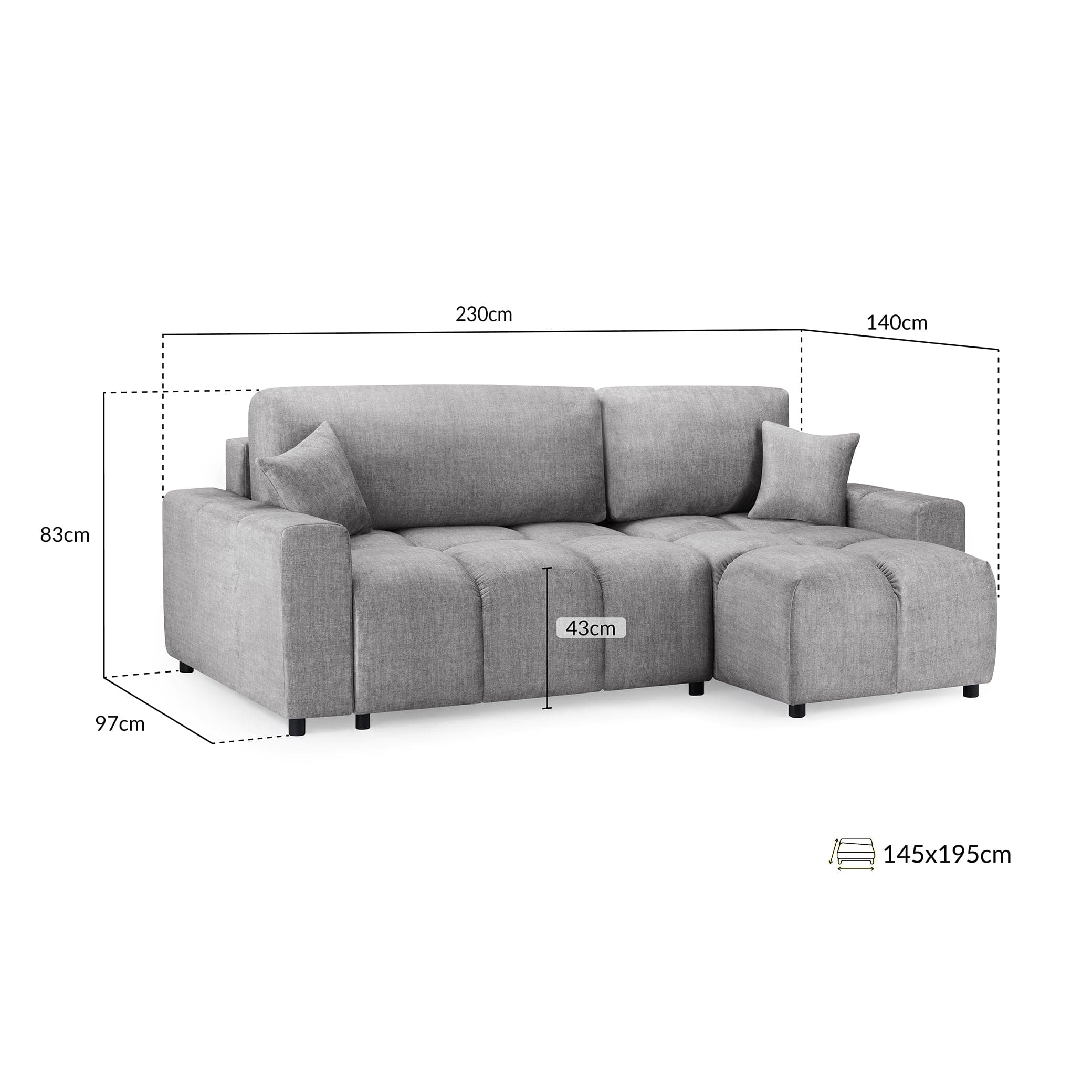 Sienna Sofabed Grey Universal Corner - Right - Measurement view (7024176889920)