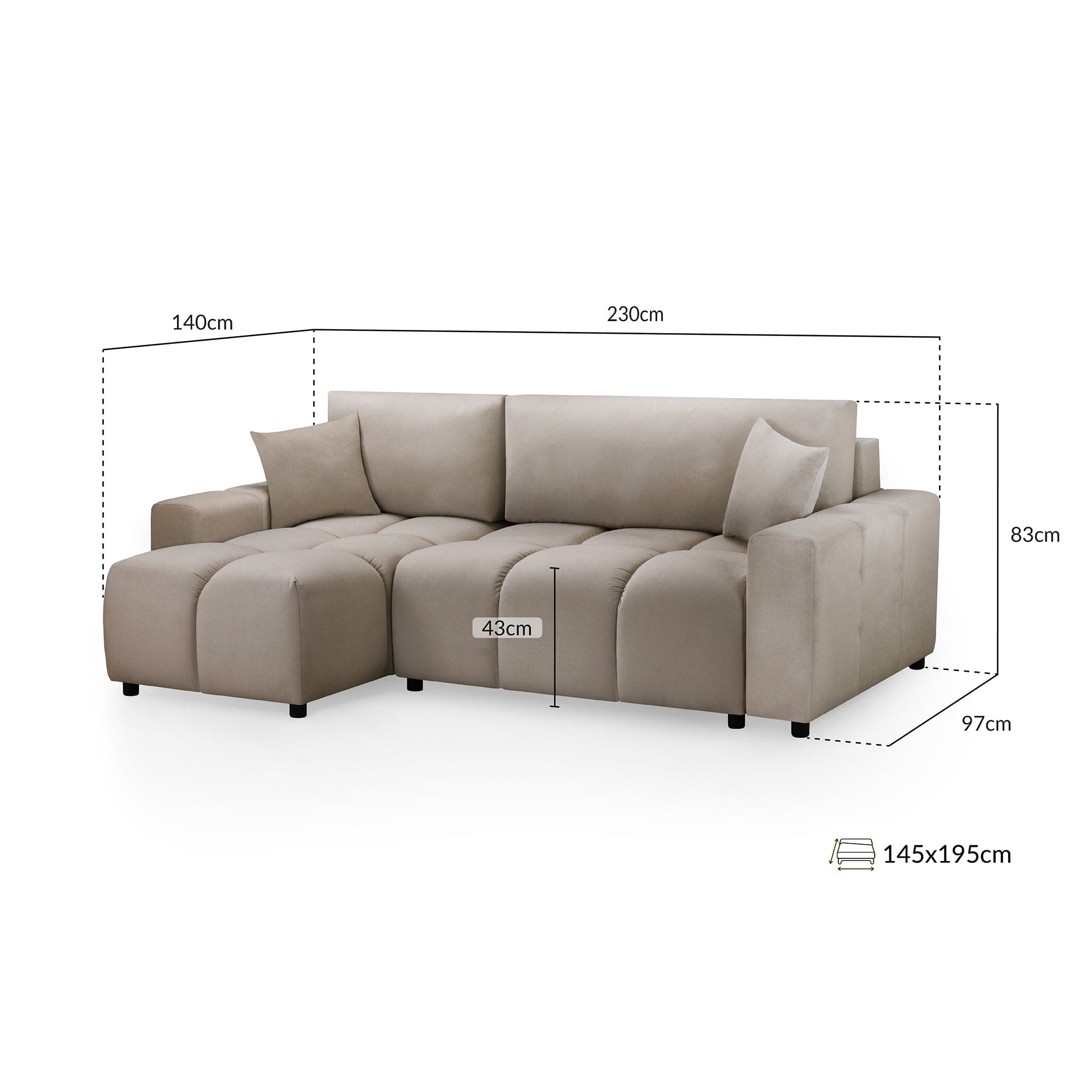 Sienna Sofabed Mocha Universal Corner - Right - Measurement view (7024178167872)