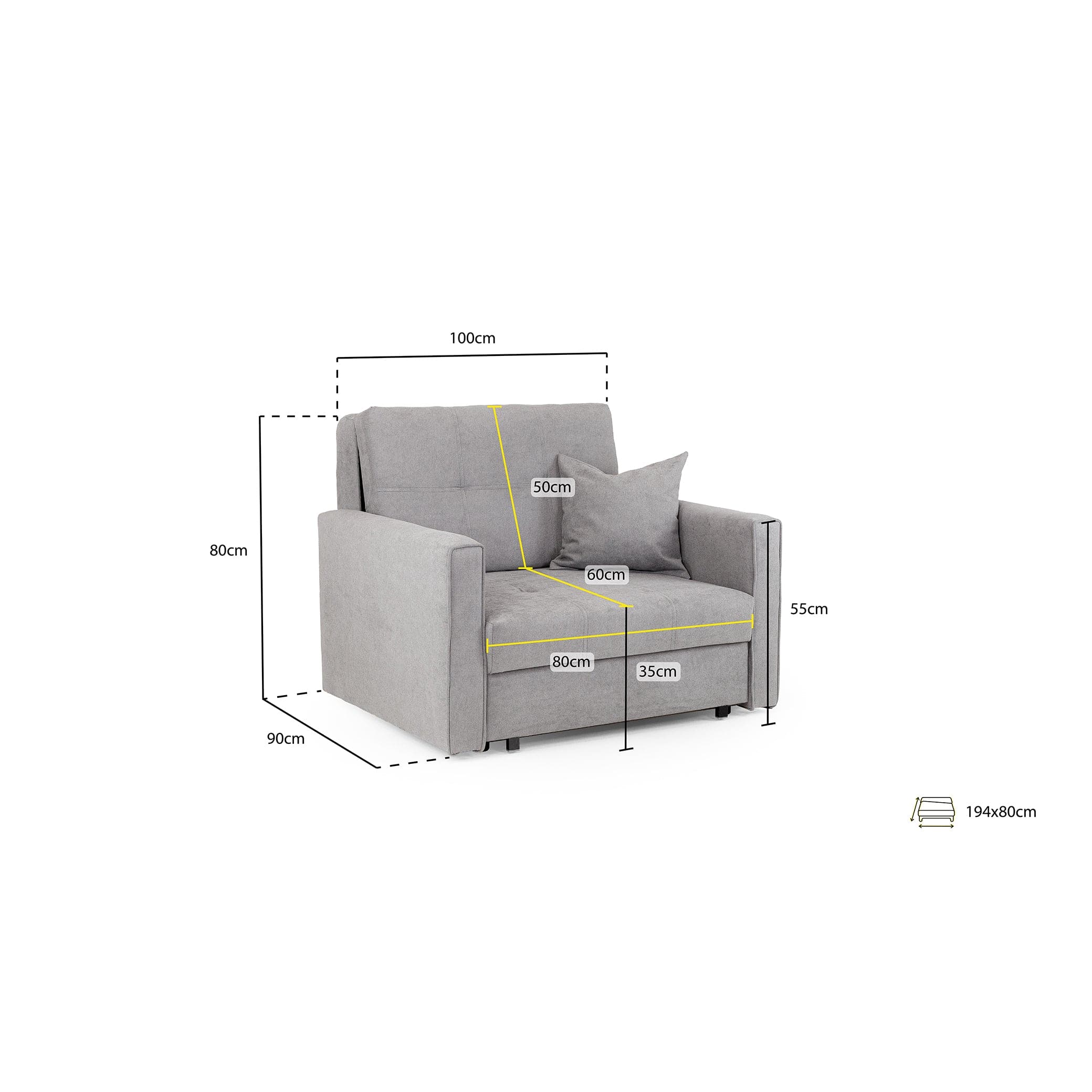 Sol Sofabed Grey Armchair - Measurement view (7026814976064)