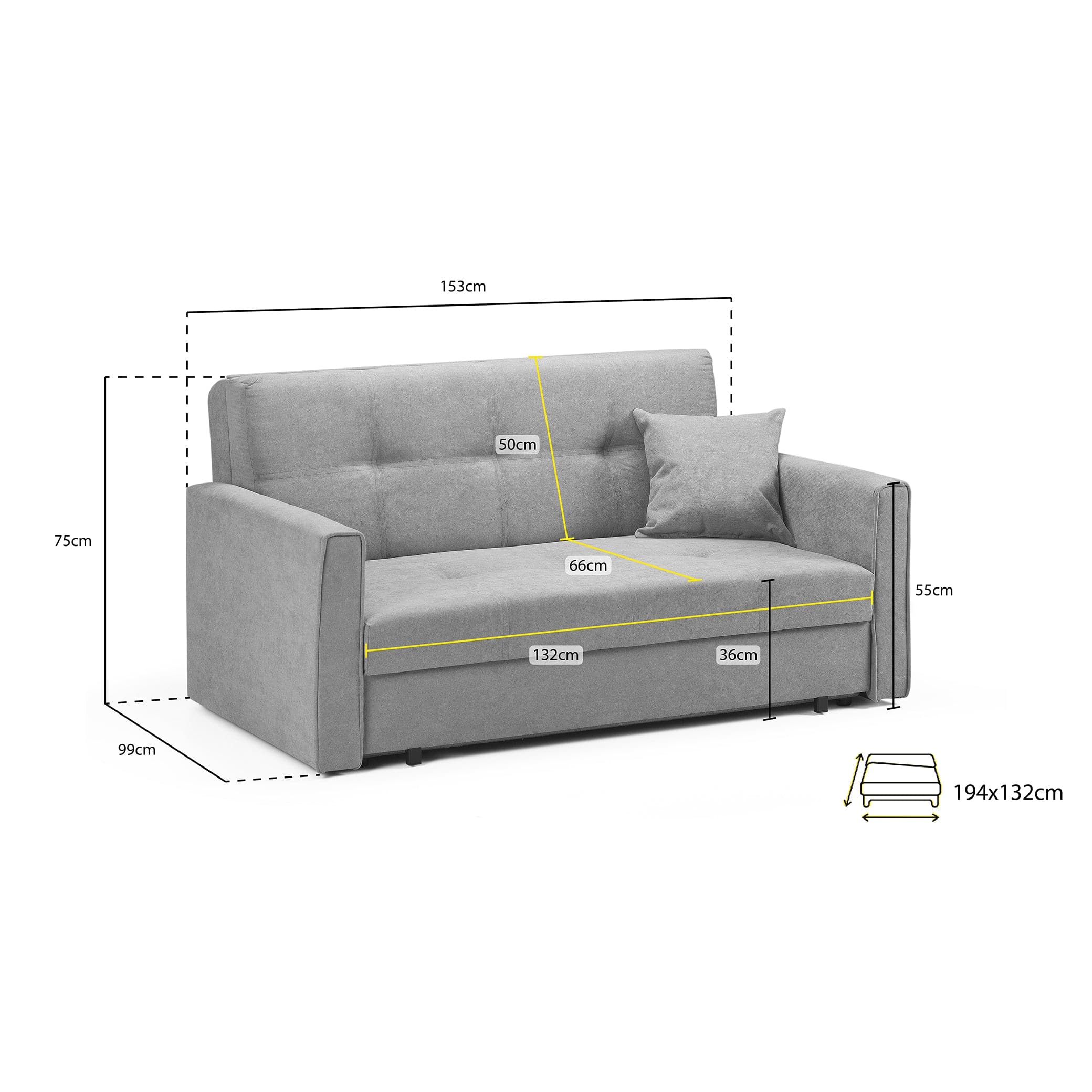 Sol Sofabed Grey Two Seater - Measurement view (7026814451776)