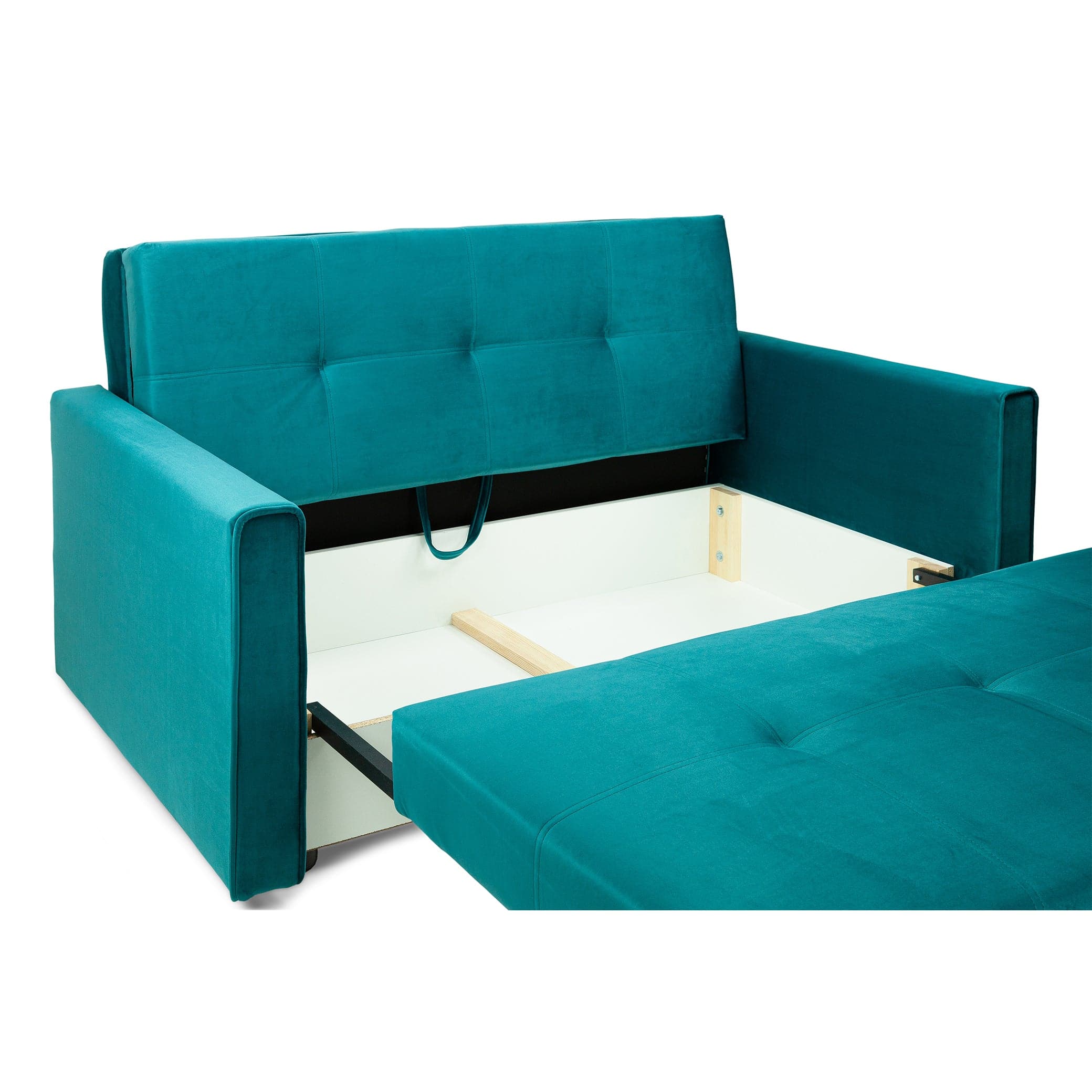 Sol Sofabed Plush Teal 2 Seater - Storage view (7026815598656)