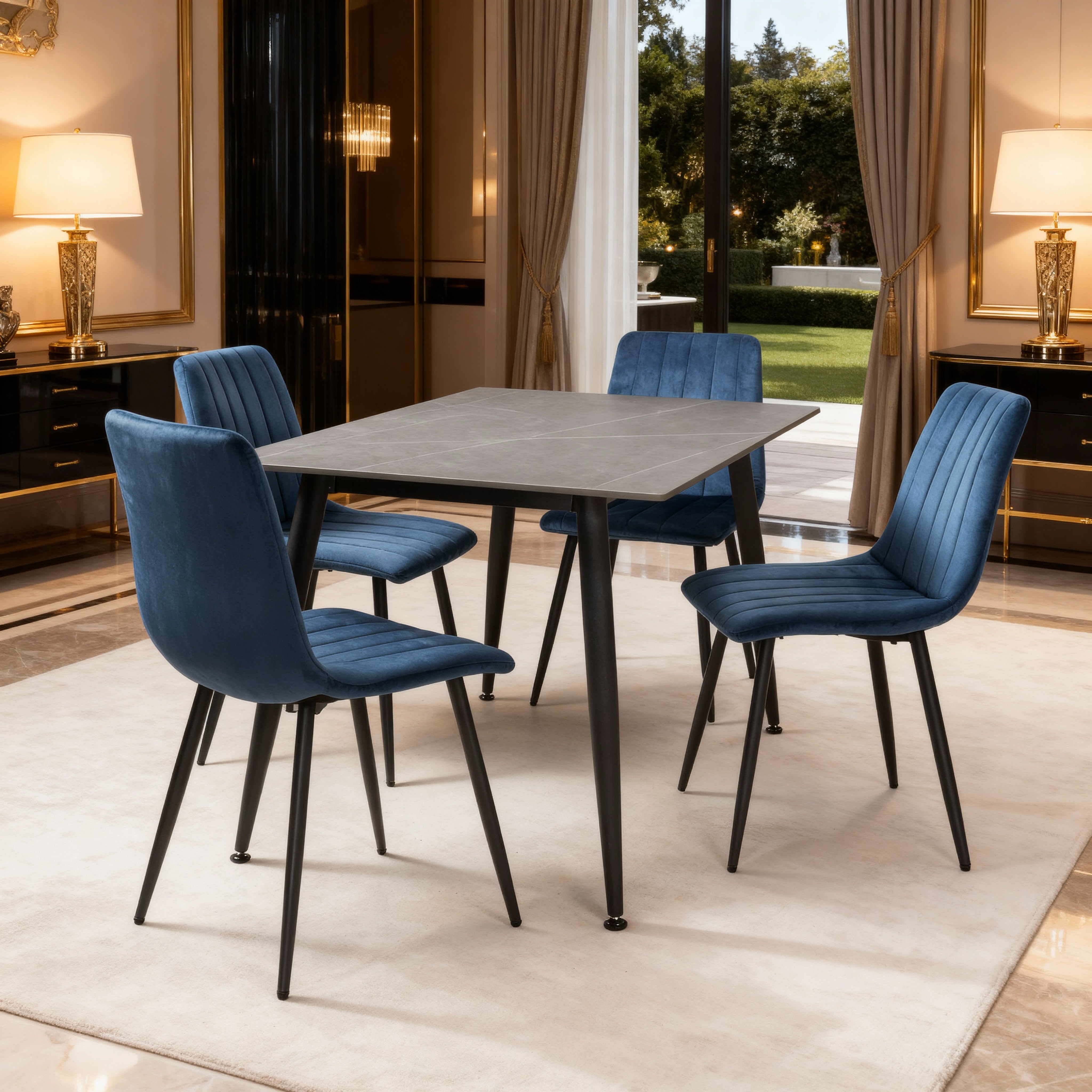 Stockholm Grey Dining Table with 4 Blue Leo Dining Chairs