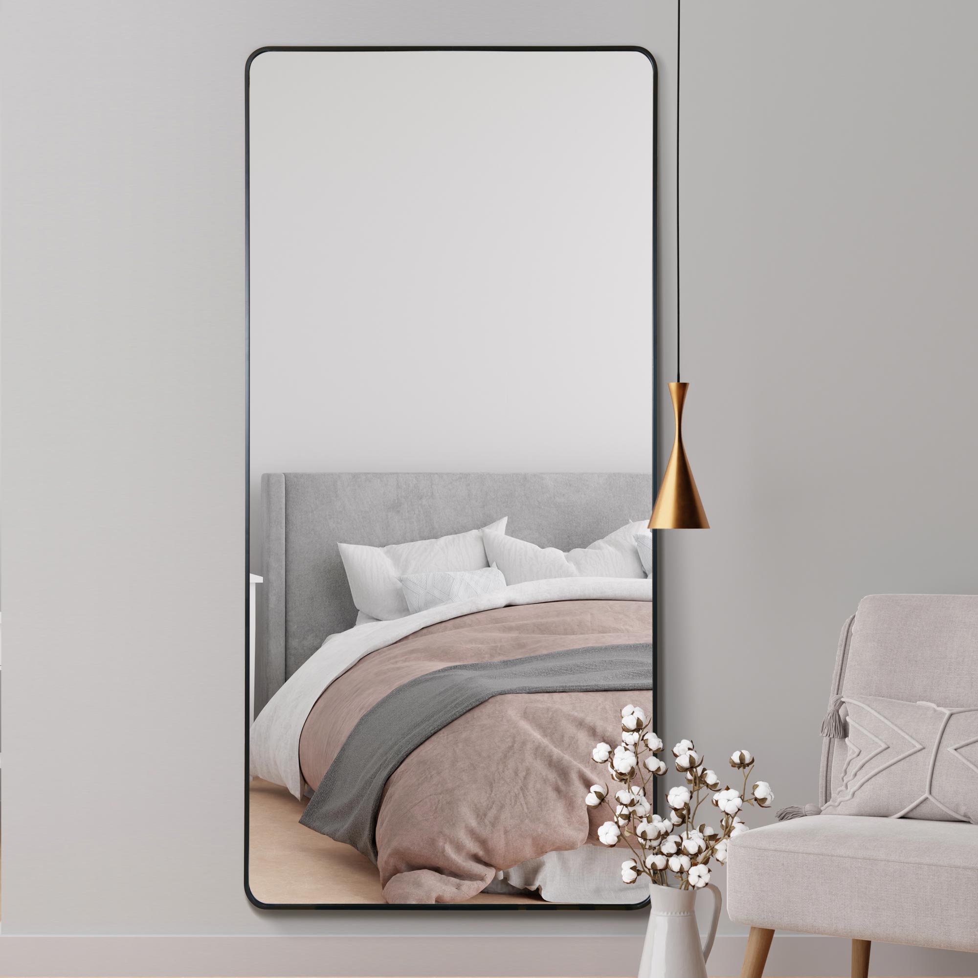 The Angulis - Black Aluminium curved Edge Wall Leaner Mirror 68"x33" (174X85CM) (15010567389562)