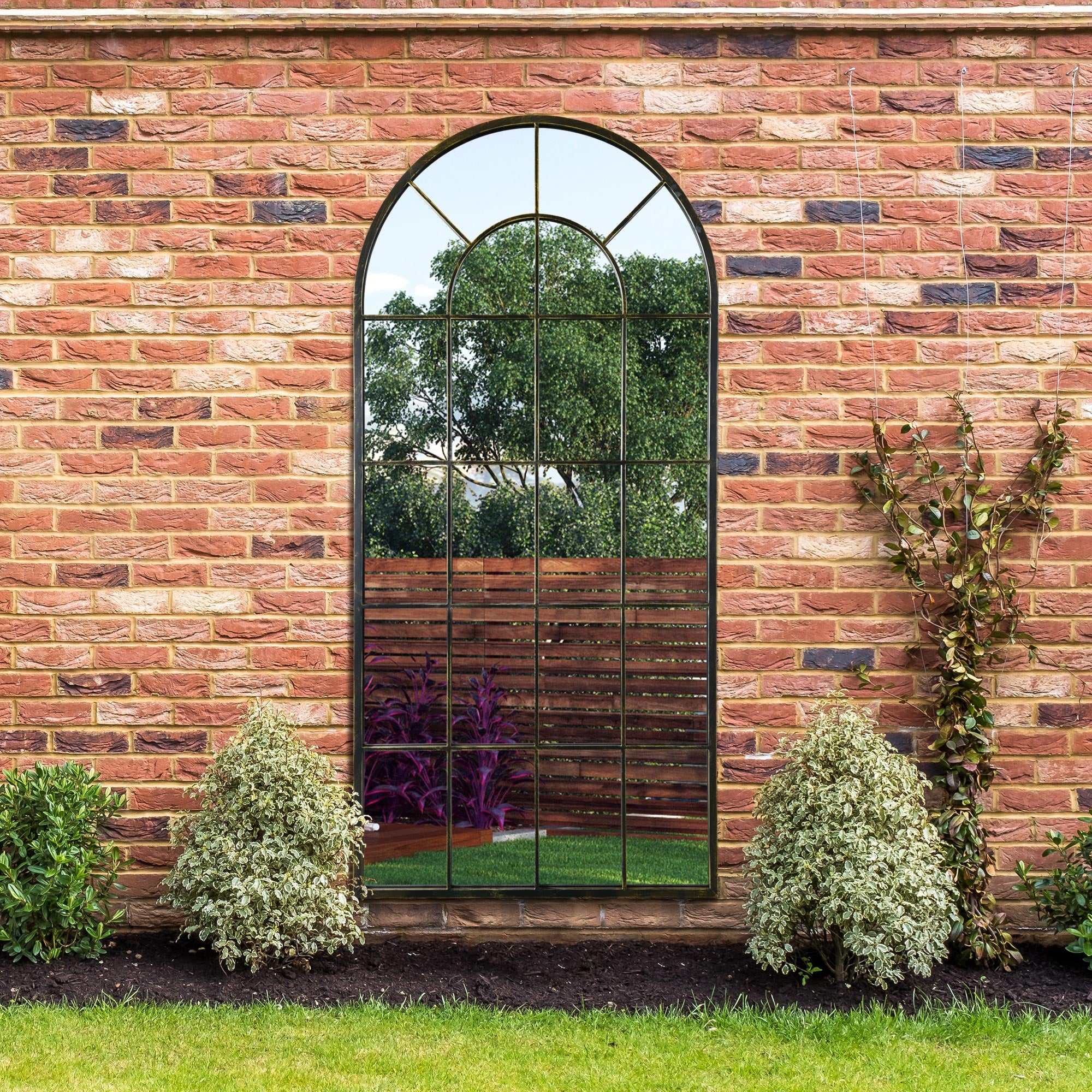 The Perry - Antique Black Framed Arched Window Garden Mirror 71"x33.5" 180x85CM (15010545533306)