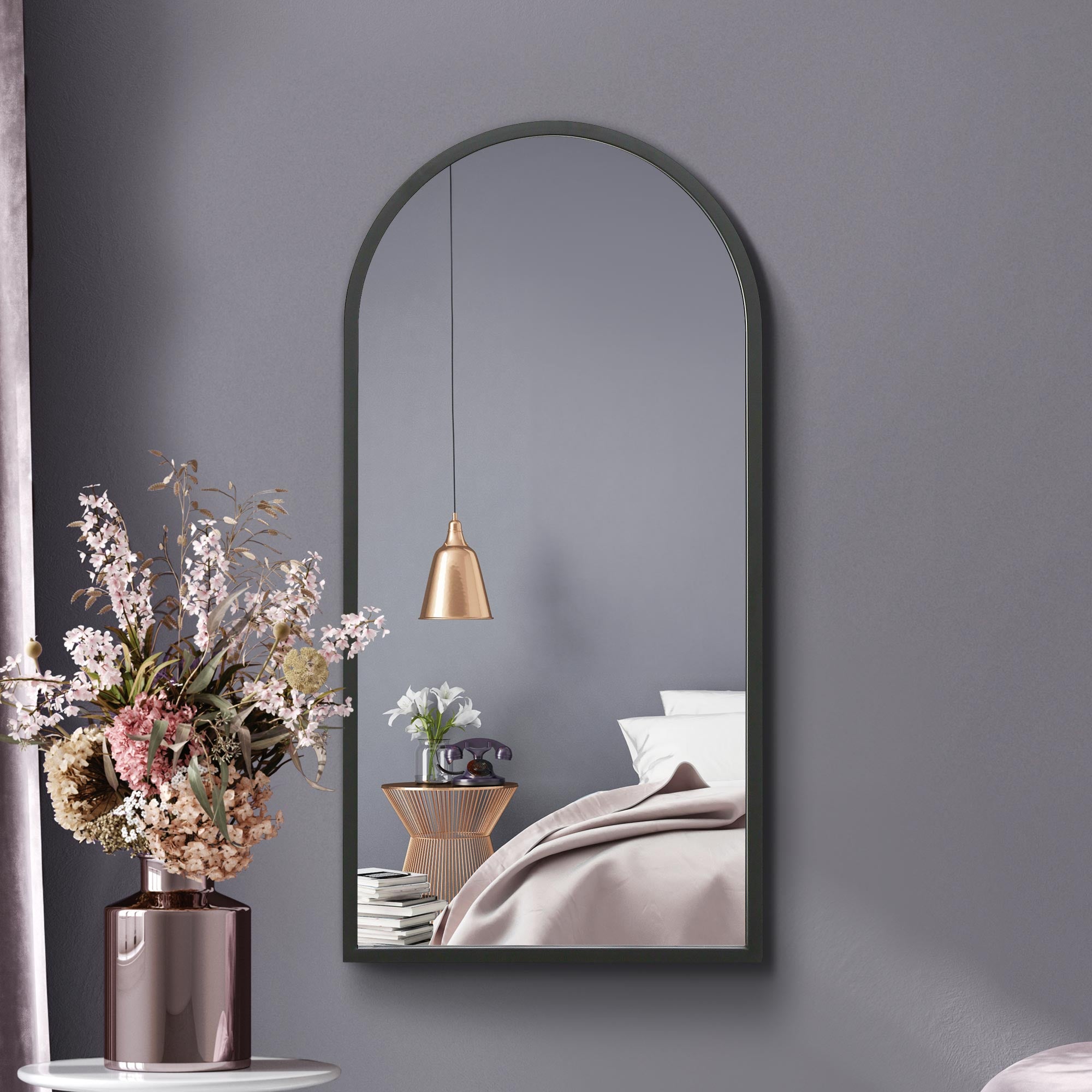 The Perry - Black Metal Framed Arched Wall Mirror 31" X 16" (80CM X 40CM). Suitable for Inside and Outside. (15010553987450)