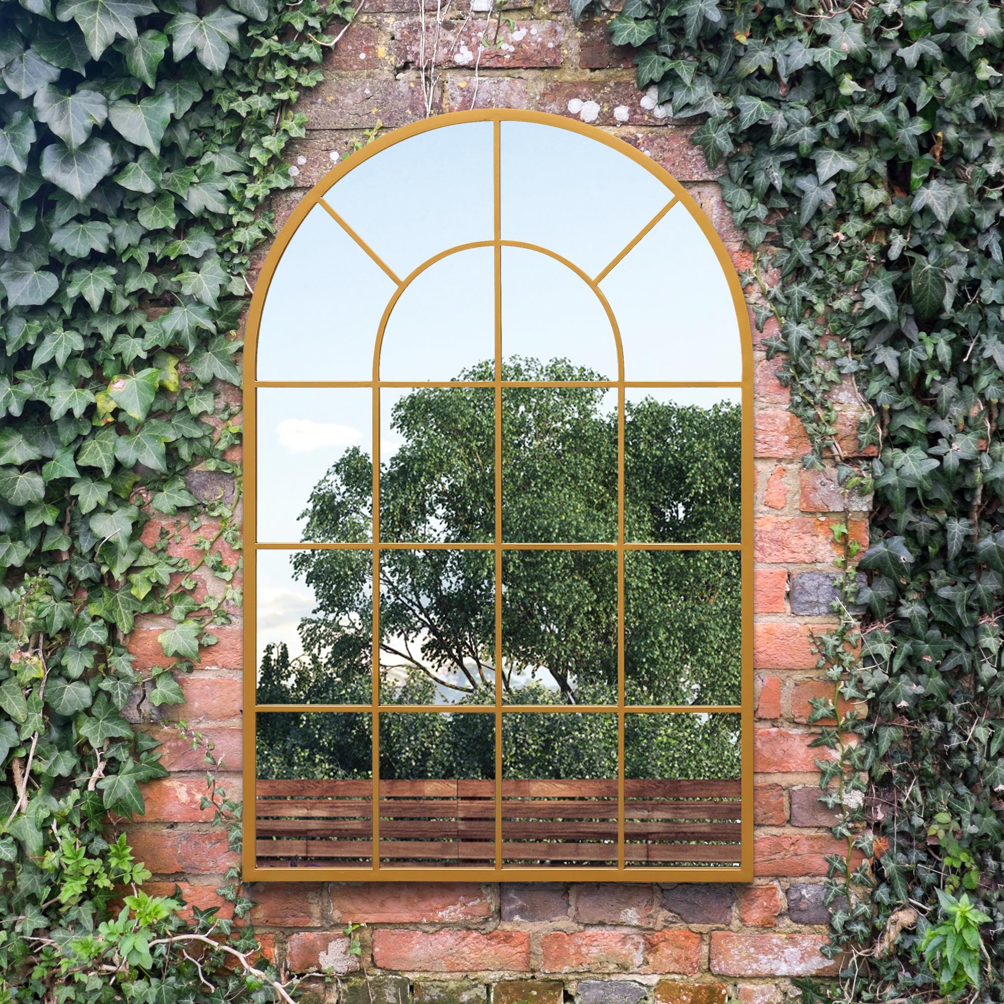 The Perry - Gold Framed Arched Window Garden Mirror 47"x31" 120x80CM. Suitable for Outside and Inside! (15010554347898)