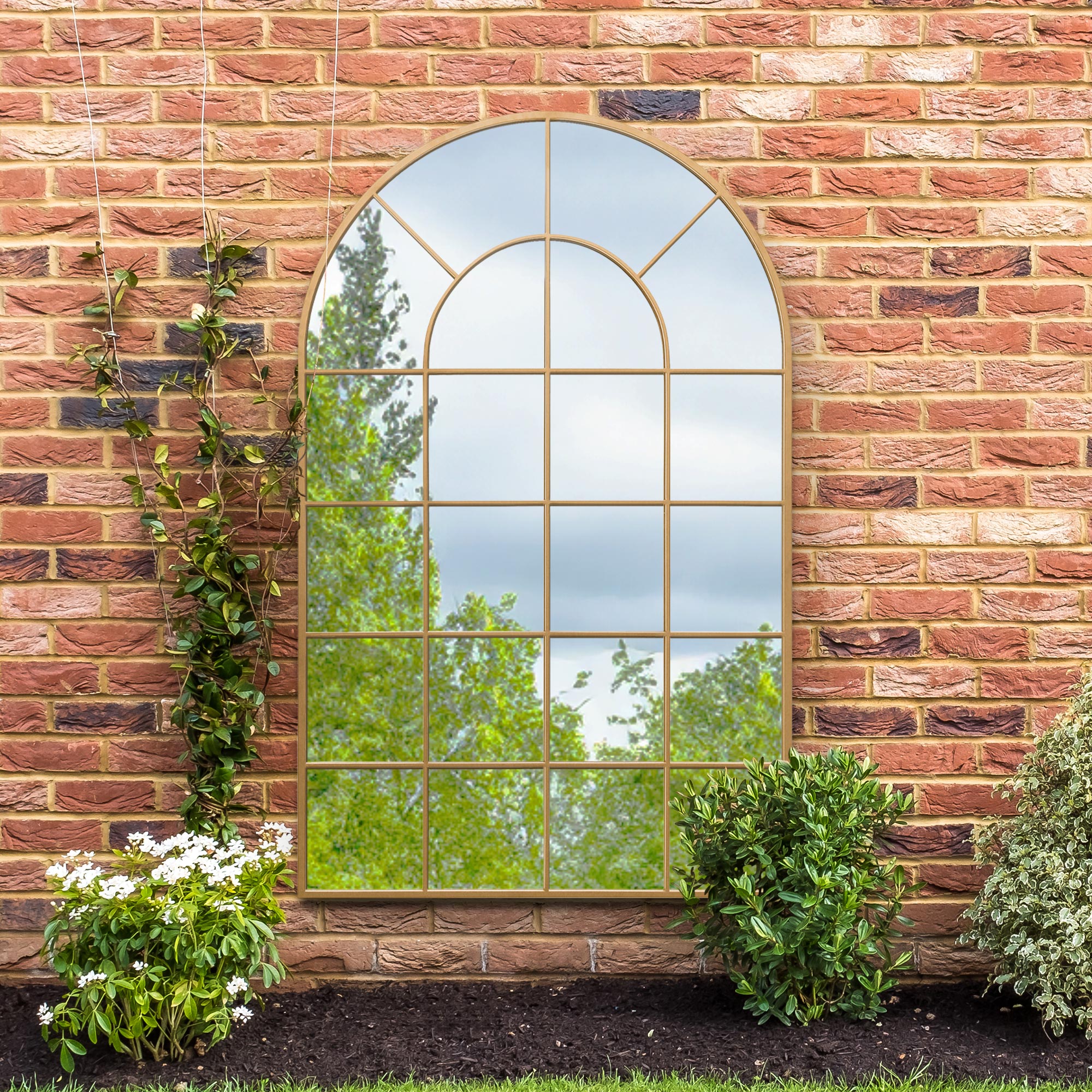 The Perry - Gold Framed Arched Window Garden Mirror 75" X 47" 190 x 120CM. Suitable for Outside and Inside! (15010554675578)