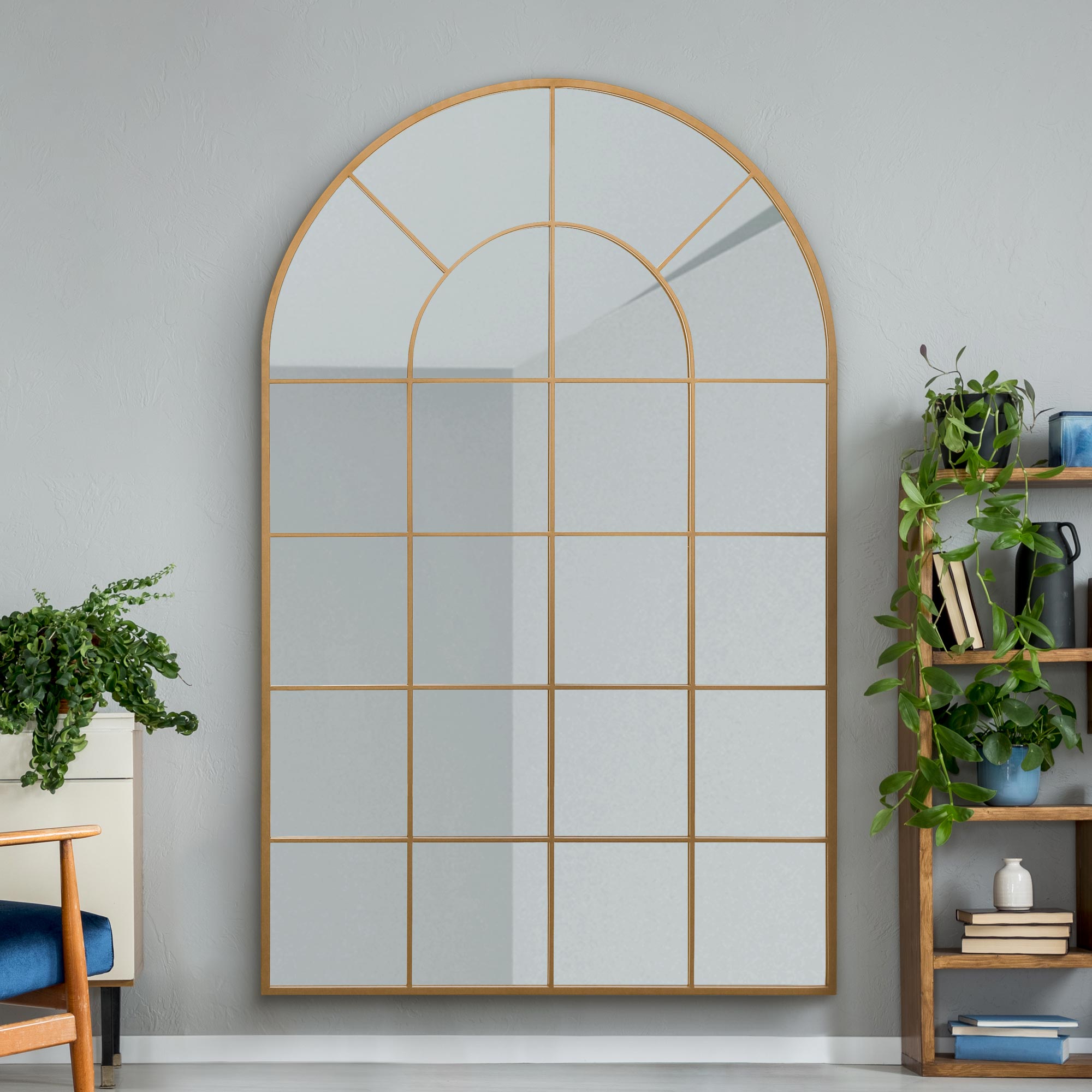The Perry - Gold Framed Arched Window Leaner/Wall Mirror 75" X 47" (190x120CM) Suitable for Inside and Outside! (5010554741114)