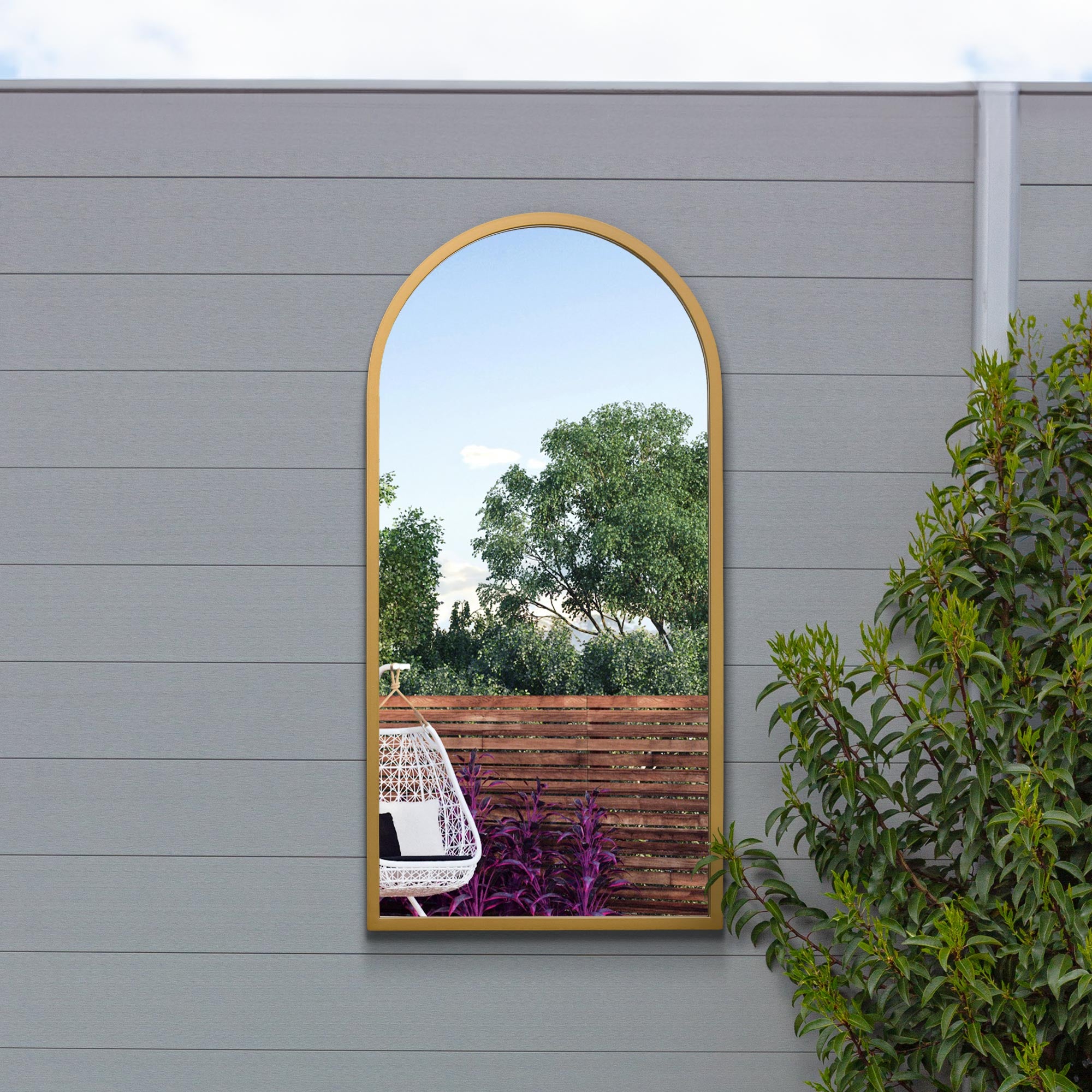 The Perry - Gold Metal Framed Arched Garden Wall Mirror 31" X 16" (80CM X 40CM). Suitable for Outside and Inside. (15010554052986)
