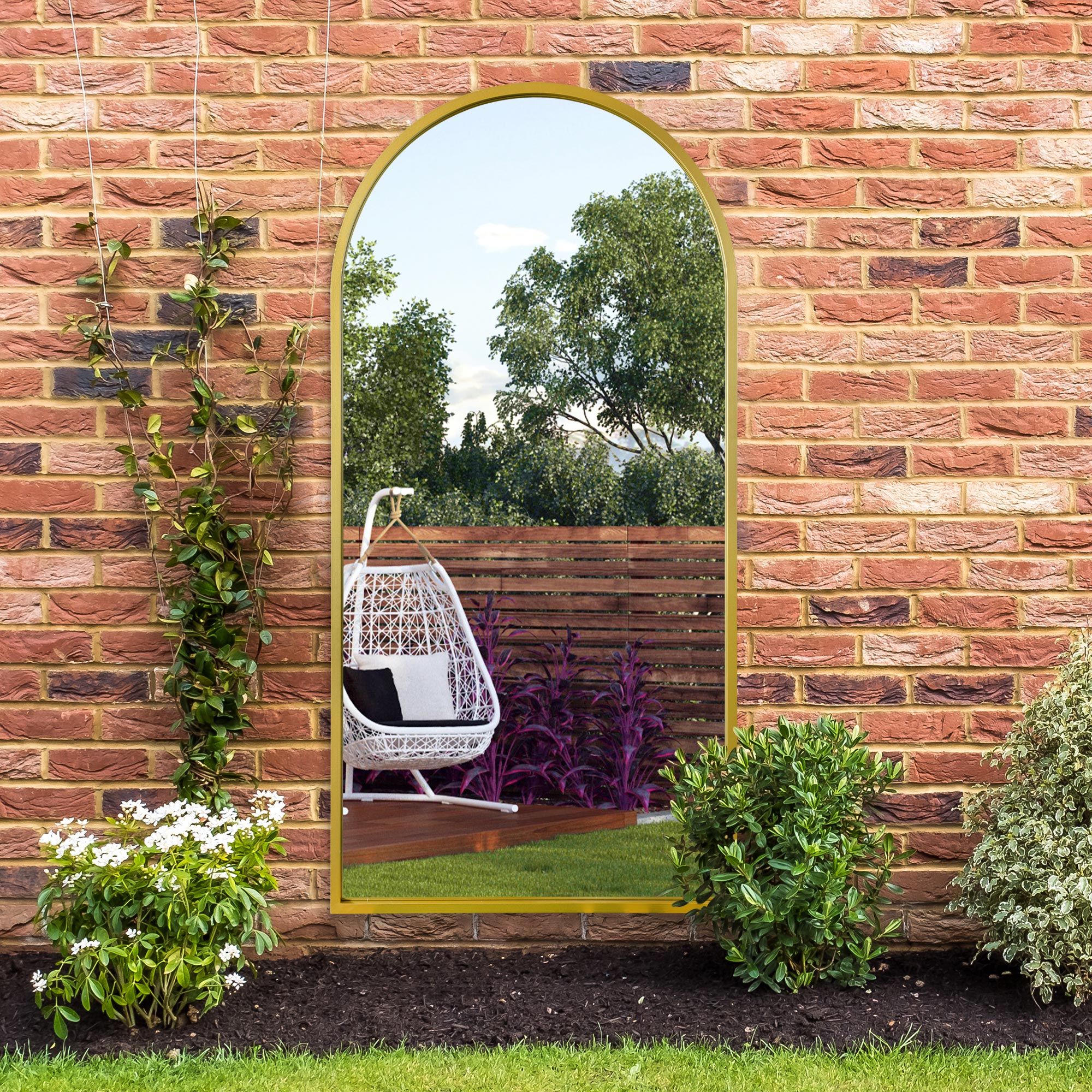 The Perry - Gold Metal Framed Arched Garden Wall Mirror 63" X 31" (160CM X 80CM) (15010545303930)