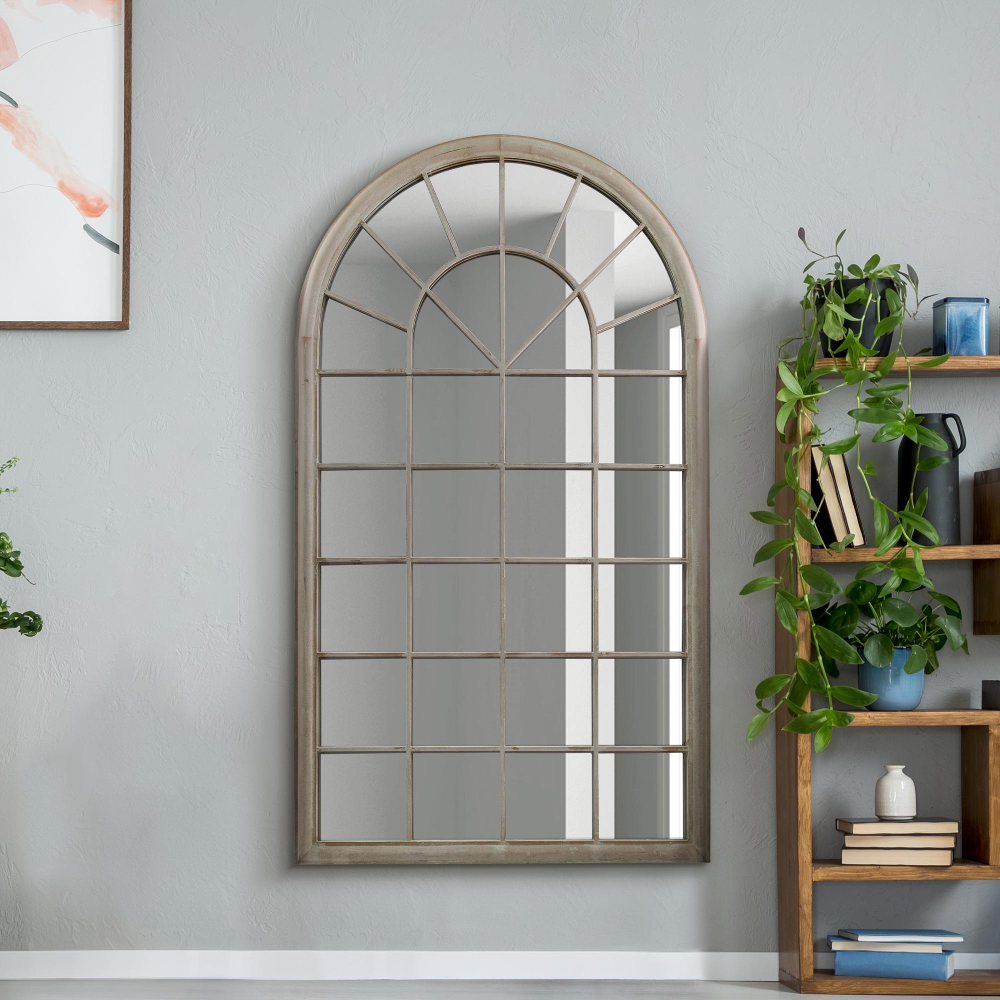The Rosie - Extra Large Country Rustic Framed Arched Leaner Metal Wall Mirror 63" X 36" (160CM X 91CM) Stone Colour (15010543501690)