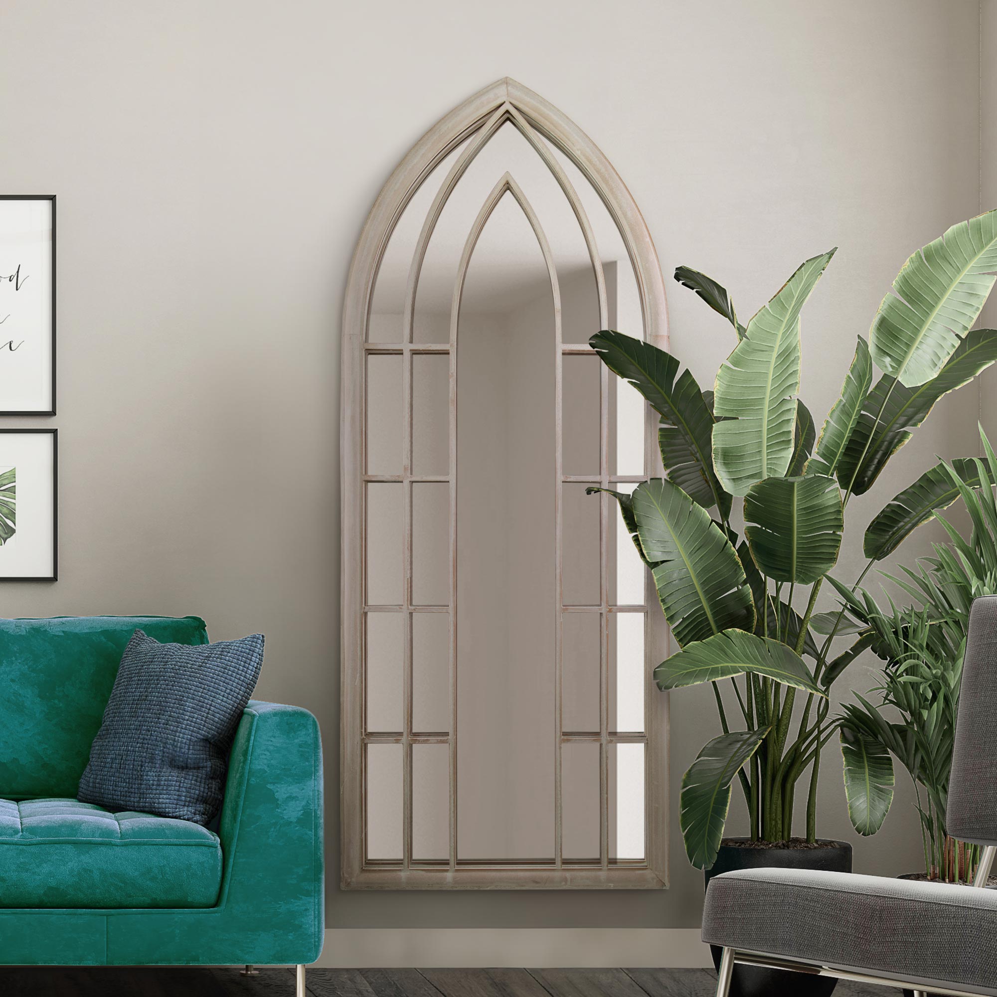 The Rosie - Extra Large Rustic Framed Arched Gothic Window Style Leaner Wall Mirror 75" X 30" (190CM X 75CM) Stone Colour (15010543599994)