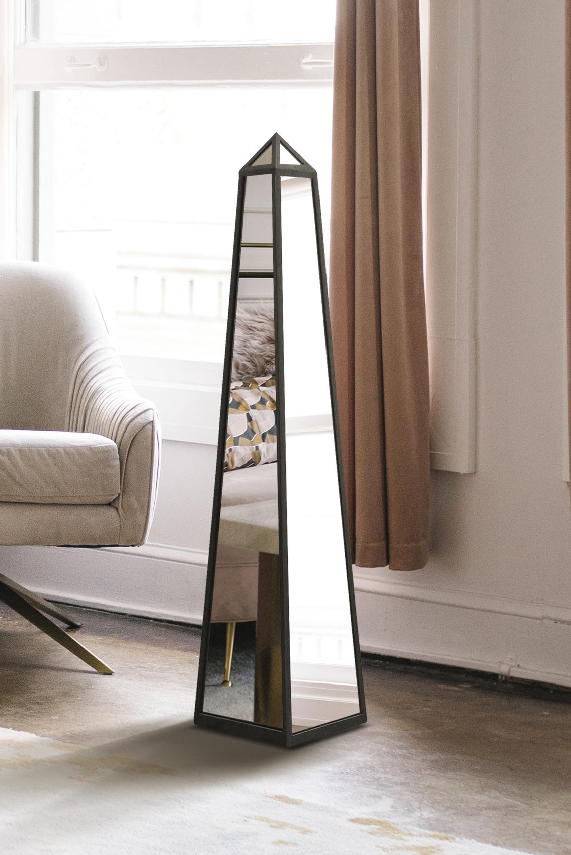 The Obelisk - New Black Metal Edged Mirrored Ornament 39" X 8" X 8" (100CM X 20CM X 20CM) (15010555134330)