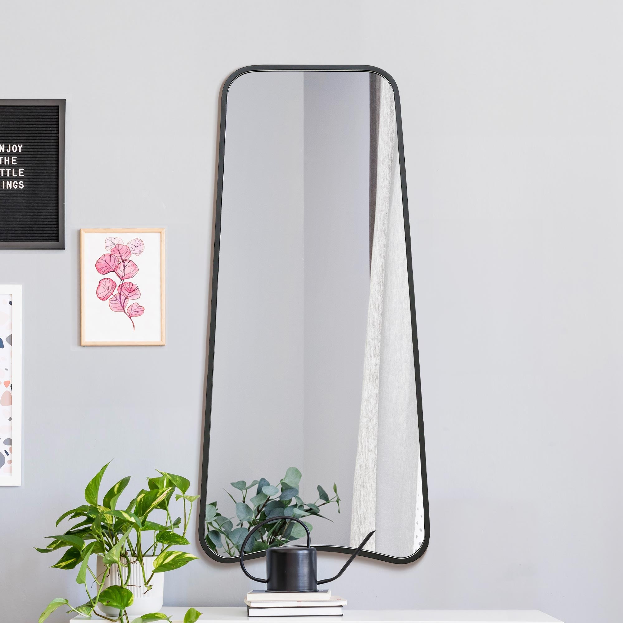 The Coartans - New Black Metal Isoscelles Trapezoid Shape Framed Wall Mirror with arched bottom. 48" X 23" (122CM X 58CM). (15010557559162)
