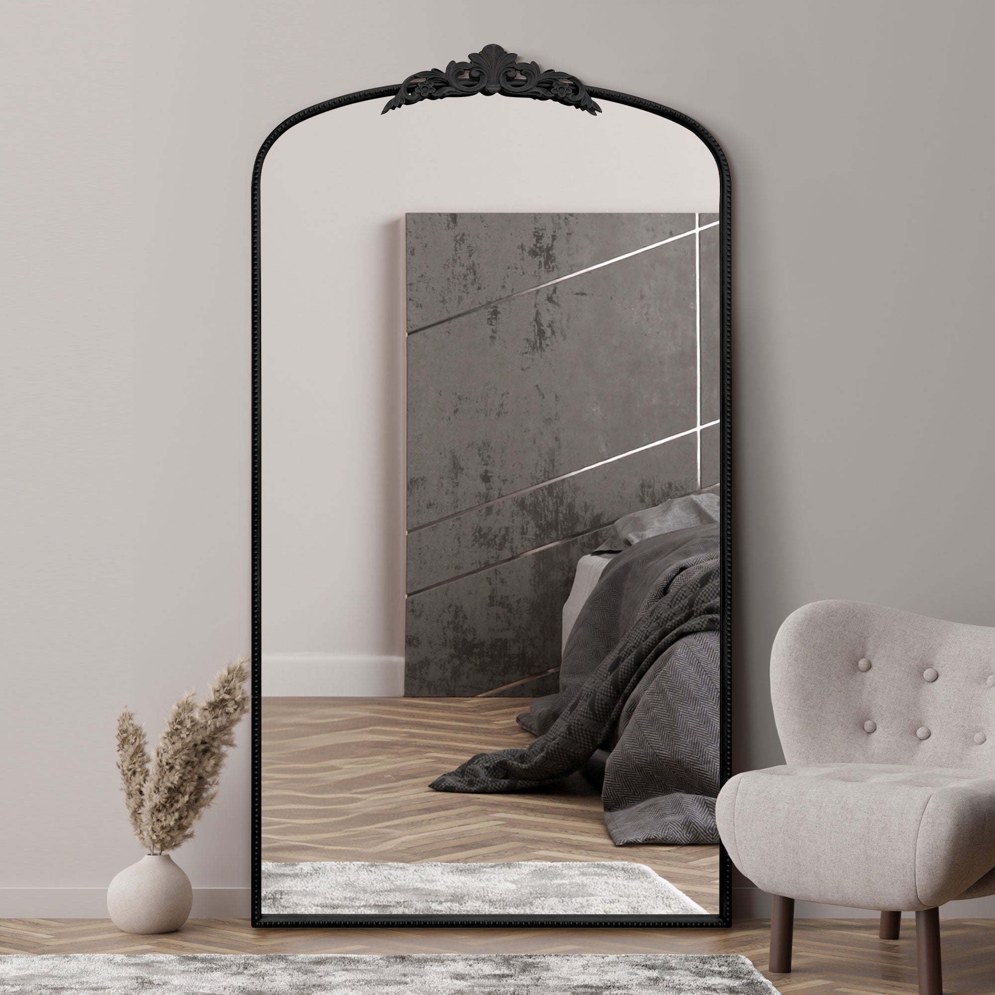 The Crown - Black Metal Framed Arched Wall Mirror with Decorative Crown 68" X 38" (174CM X 96CM) (15010561327482)