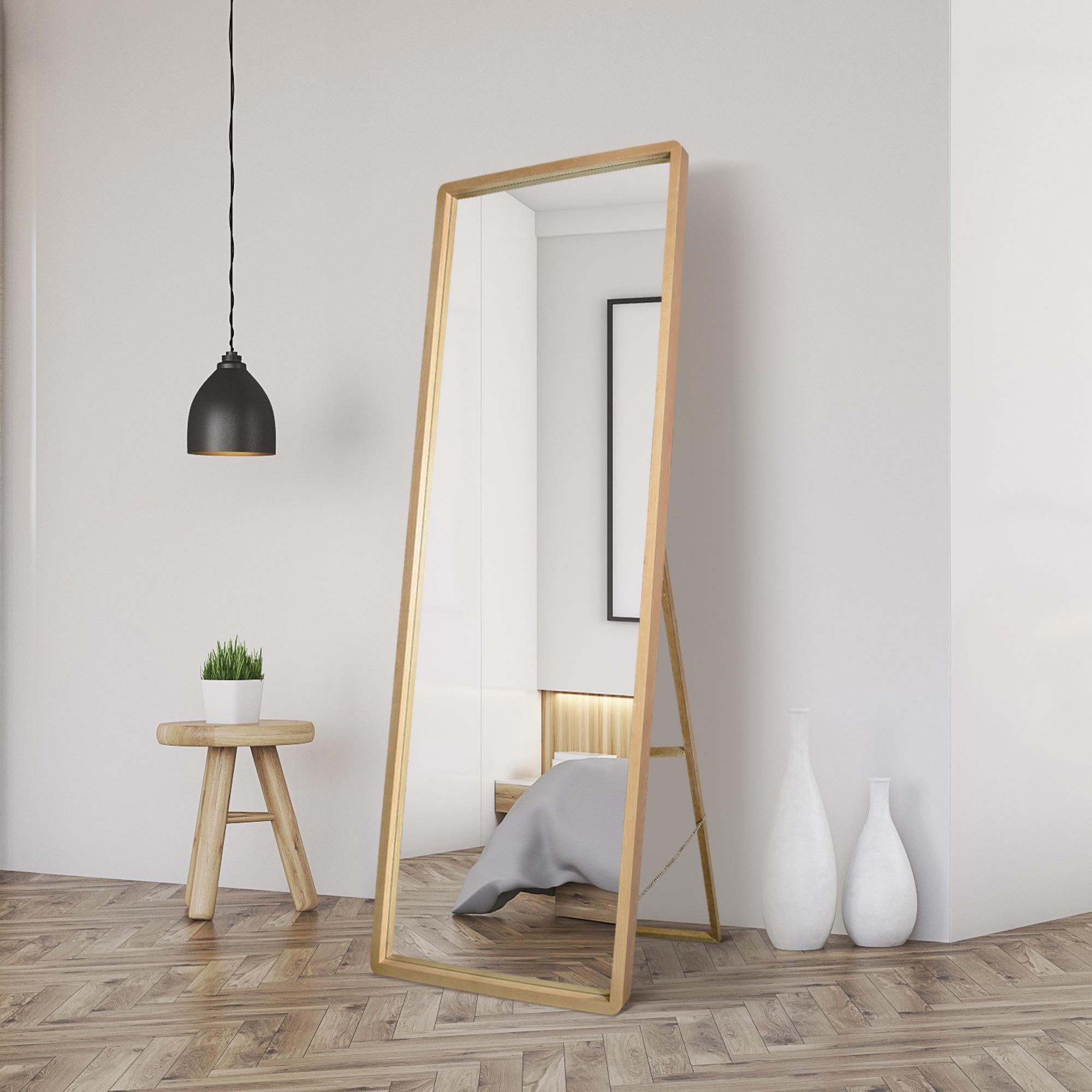 The Tobias - Solid Oak Rounded Corner Cheval Mirror 67" X 23" (170CM X 58CM) Scandinavian 'Scandi' Inspired. (15010542125434)