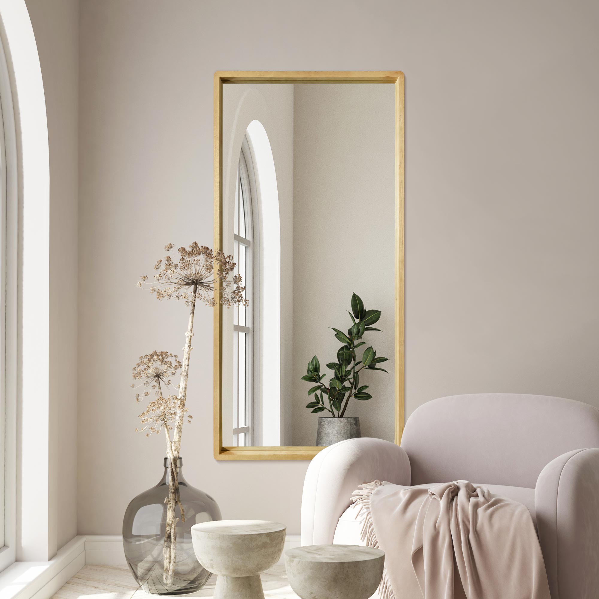 The Tobias - Solid Oak Rounded Corner Leaner / Wall Mirror 63" X 31" (160CM X 80CM) Scandinavian 'Scandi' Inspired. (15010541961594)