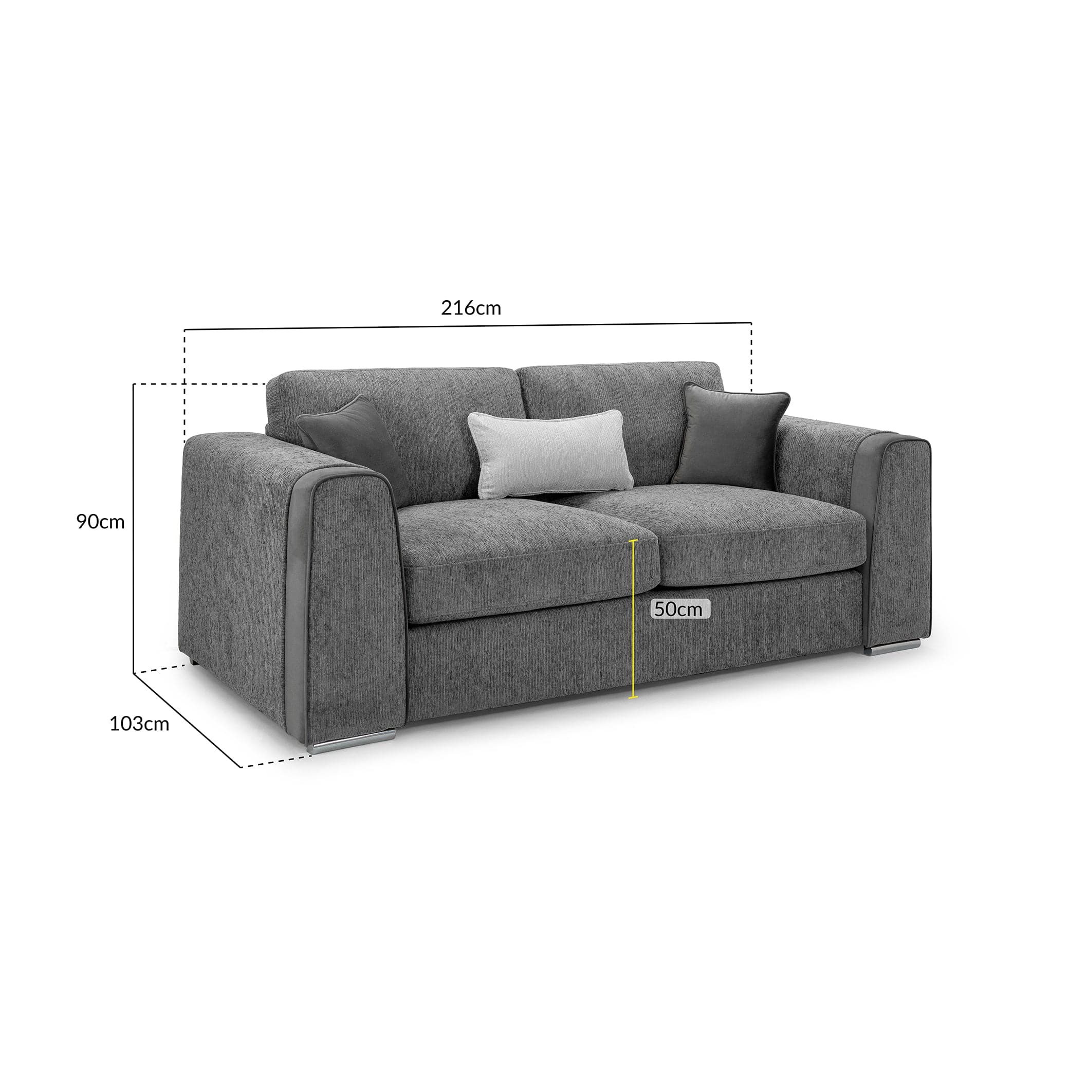 Turin Sofa Grey Three Seater - measurement view (7025209081920)