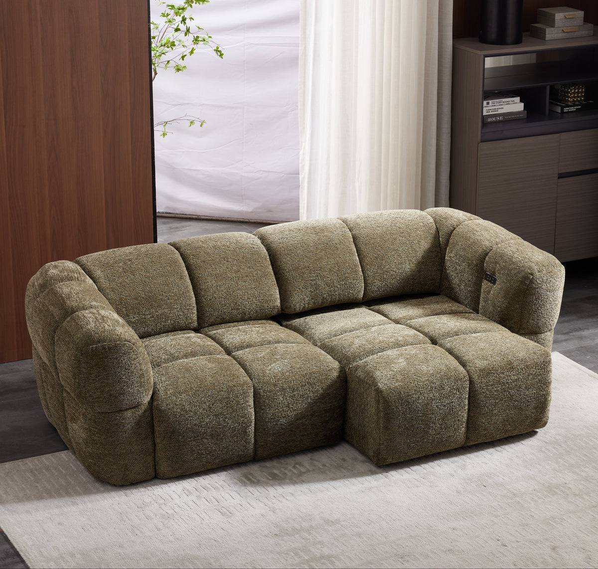 Elara Power Sliding 3 Seater in Khaki Green Meta Sofa