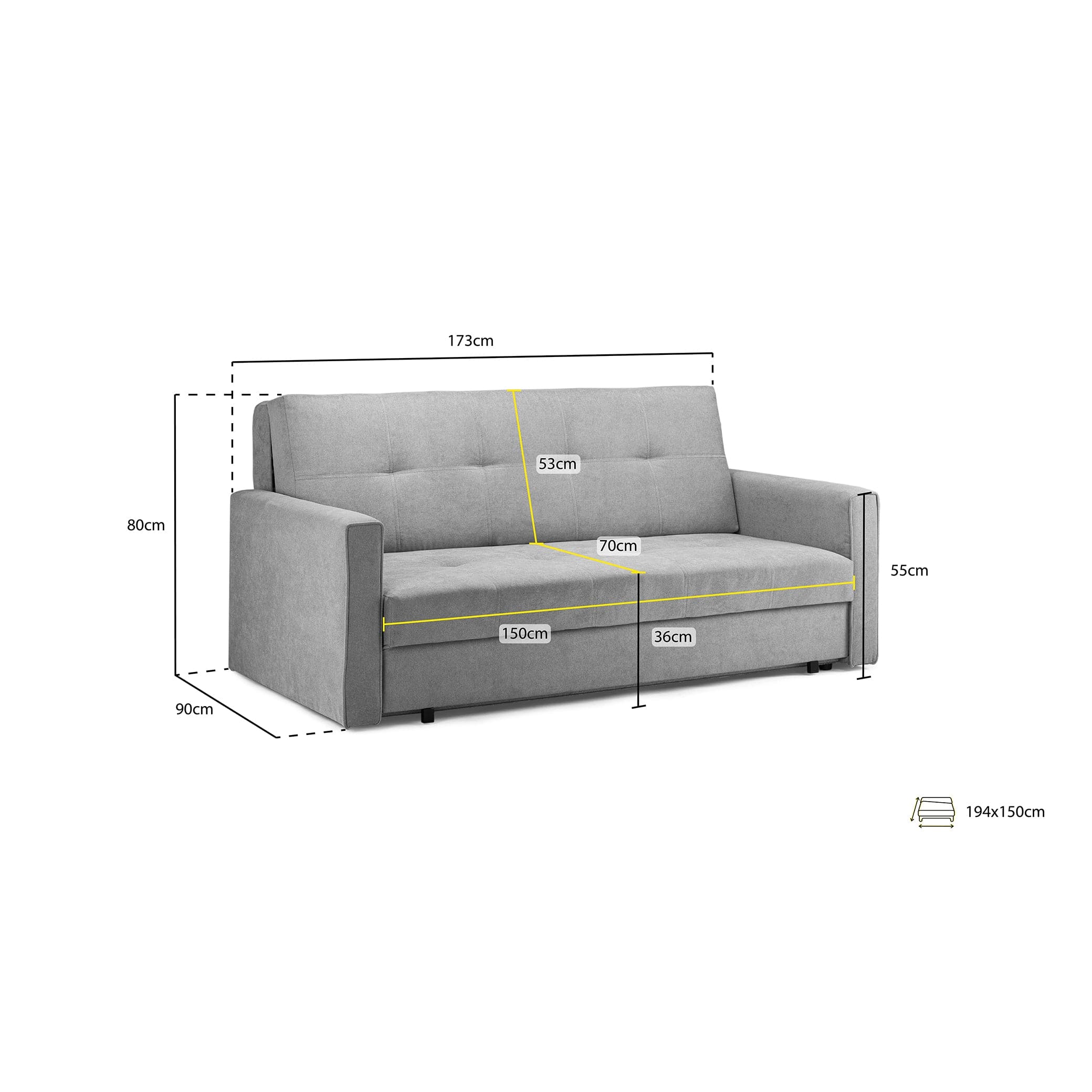 Sol Sofabed Grey Three Seater - Measurement view (7026814648384)